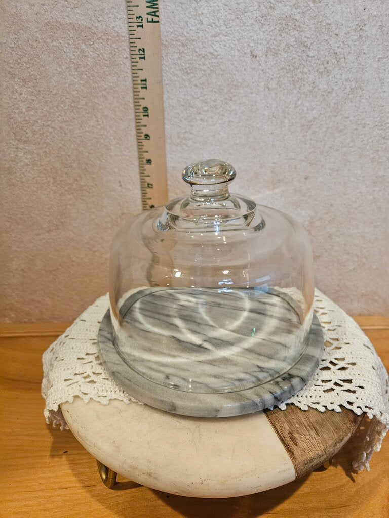 Vintage MCM Marble Cheese Cloche Plate W Glass Covered Dome Round charcuterie board Serving Display Tray