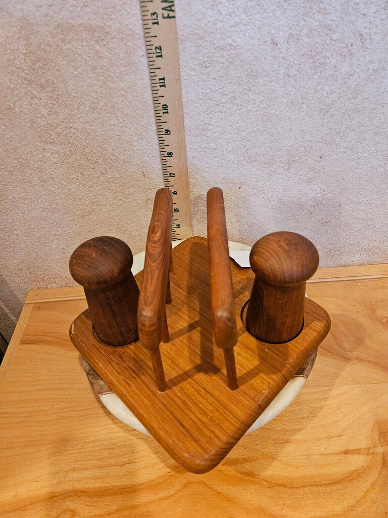 Vintage Wooden Julie Pomerantz Goodwood Teakwood Cady Napkin & Salt Pepper Shaker Holder