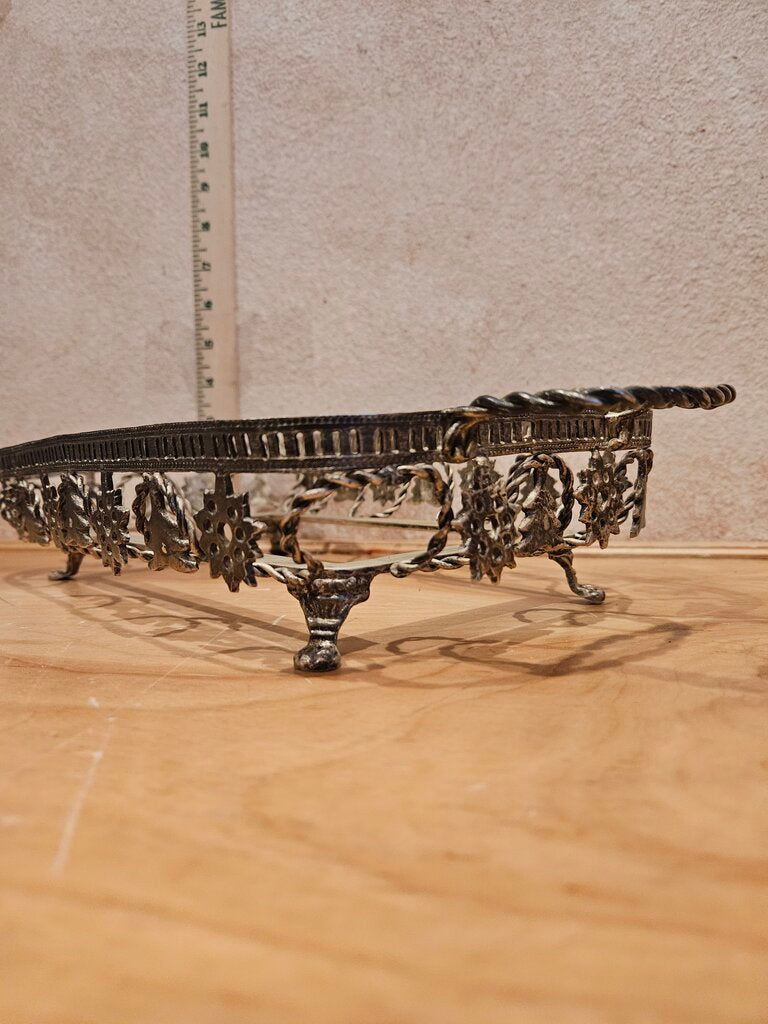 Decorative As Is Christmas tree & snowflake motif casserole metal footed tray stand holder server w Handles table serving display