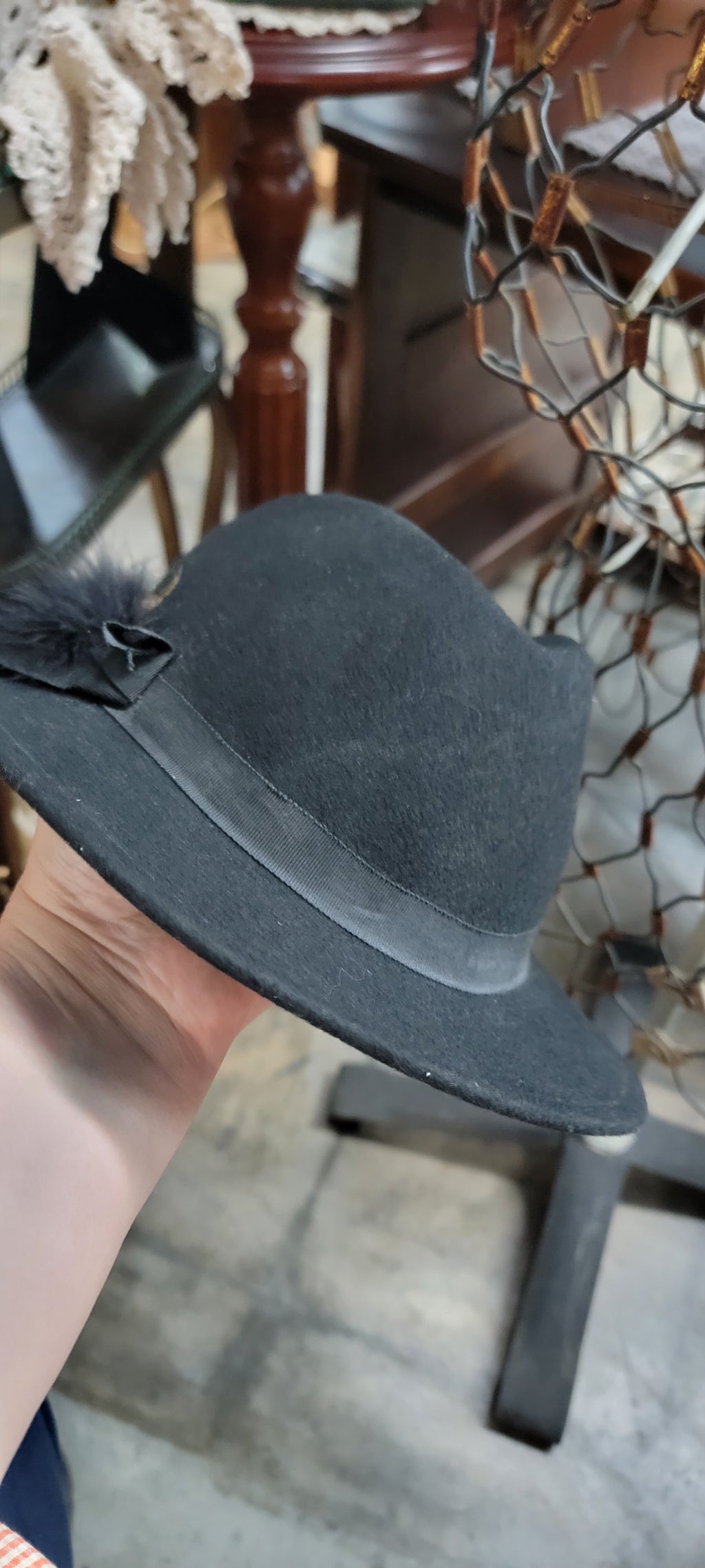 Vintage Black Wool Hat with Feather