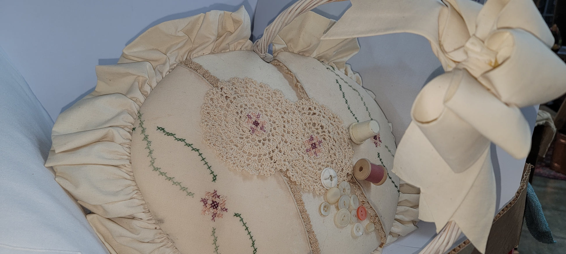 Vintage Sewing Basket with Lid and Ruffled Trim