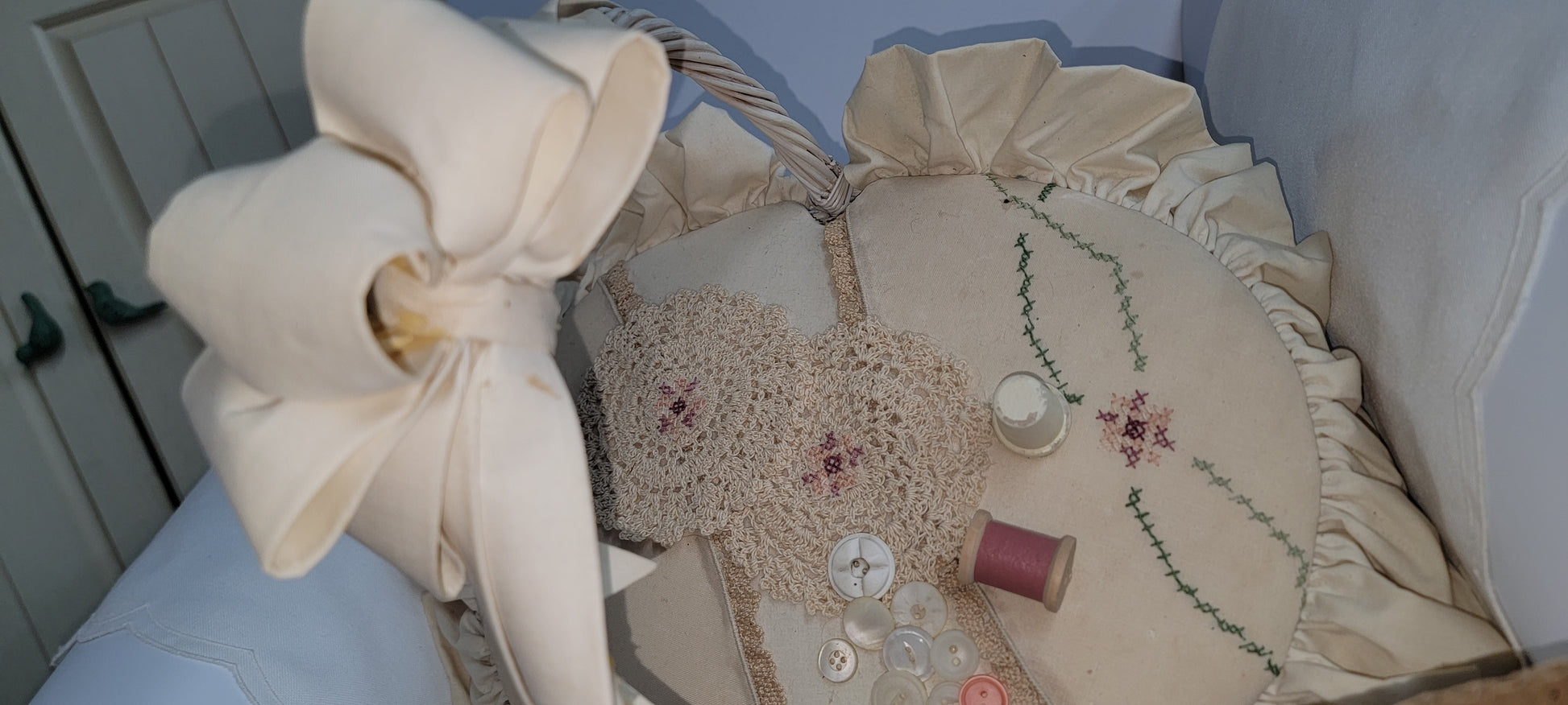 Vintage Sewing Basket with Lid and Ruffled Trim