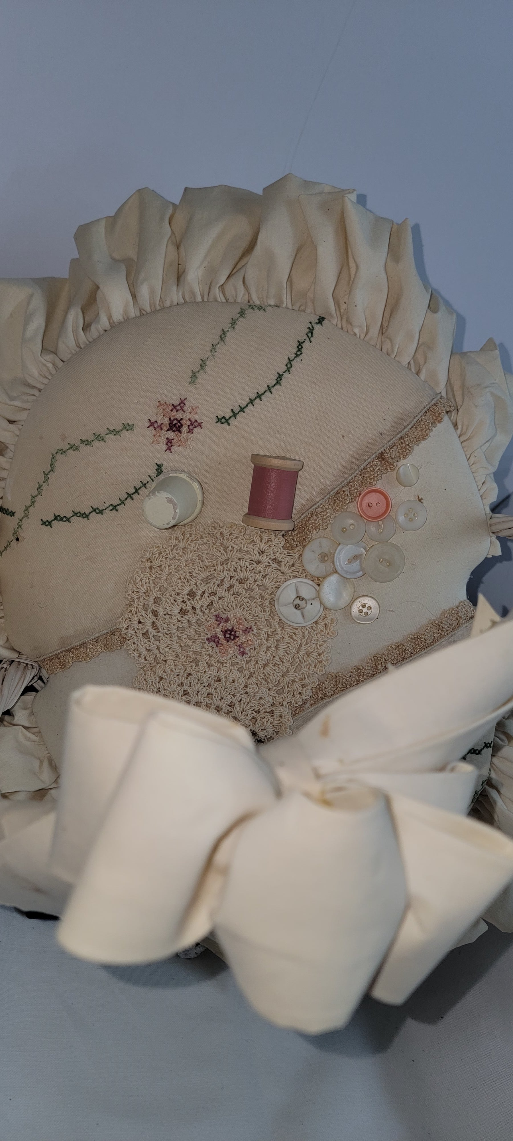 Vintage Sewing Basket with Lid and Ruffled Trim