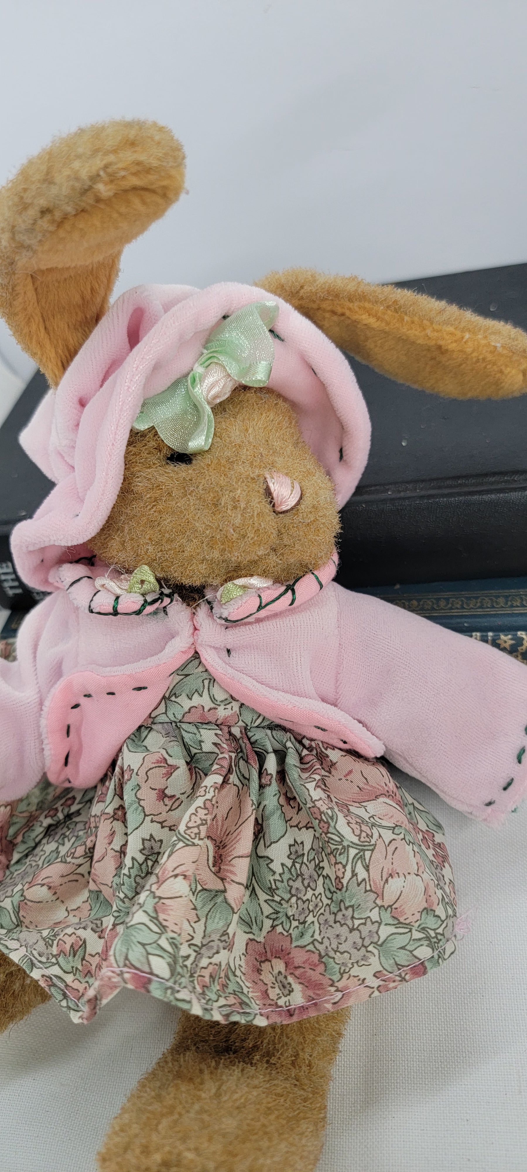 Vintage Stuffed Bunny Doll with Floral Dress