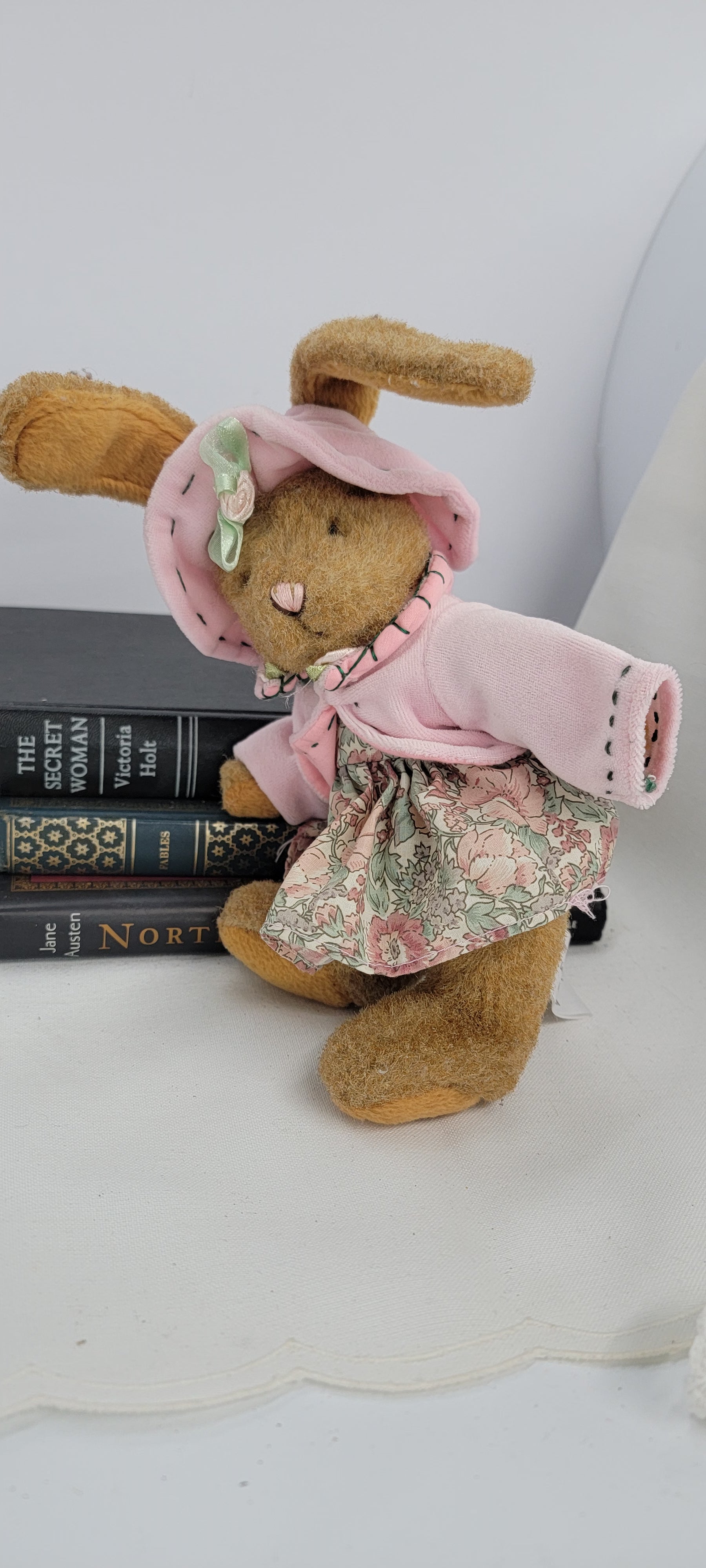 Vintage Stuffed Bunny Doll with Floral Dress