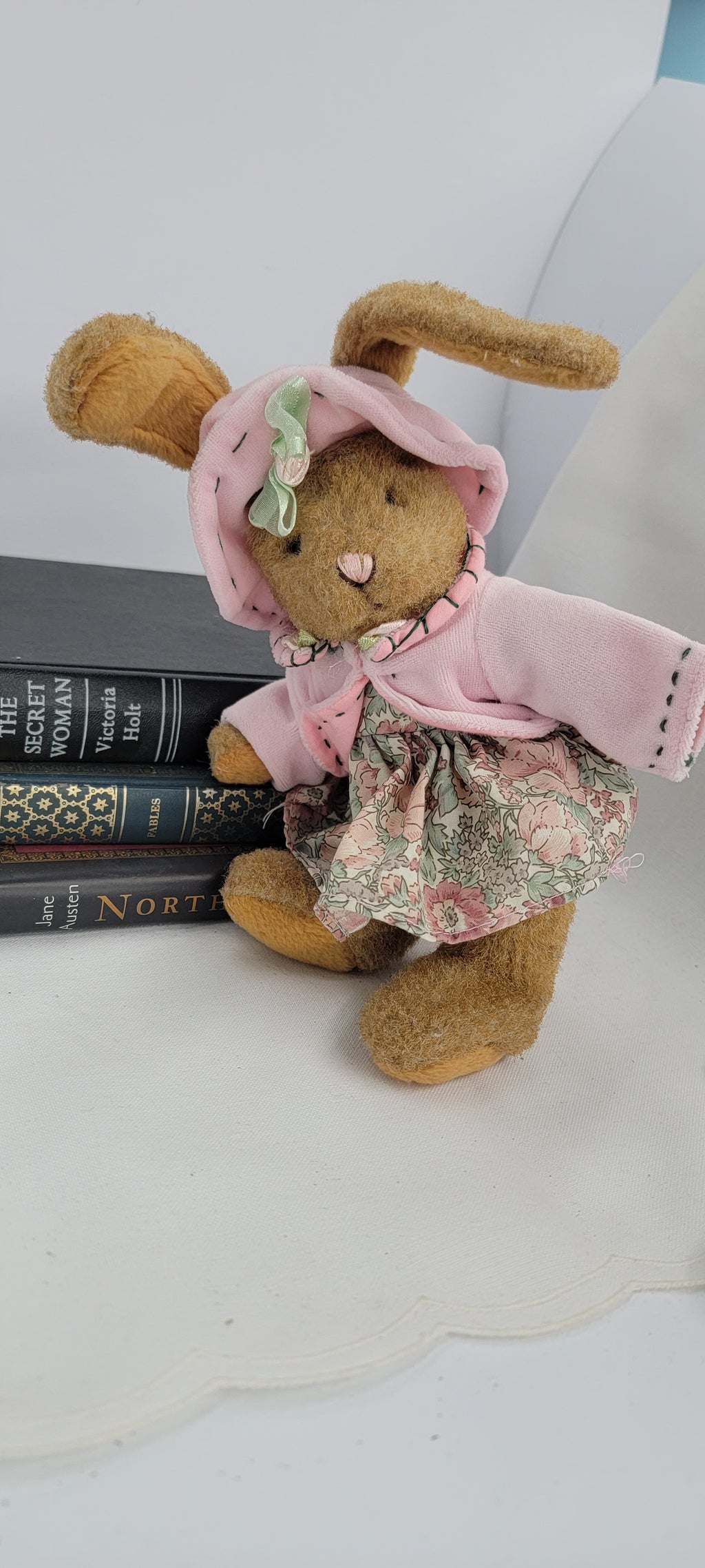 Vintage Stuffed Bunny Doll with Floral Dress