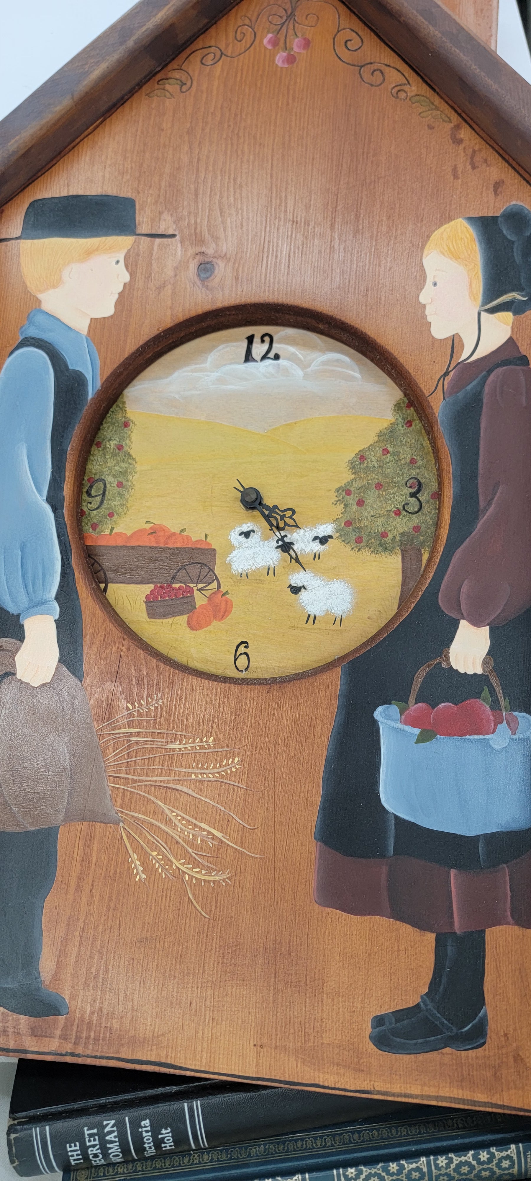 Handcrafted Wooden Clock with Amish Figures