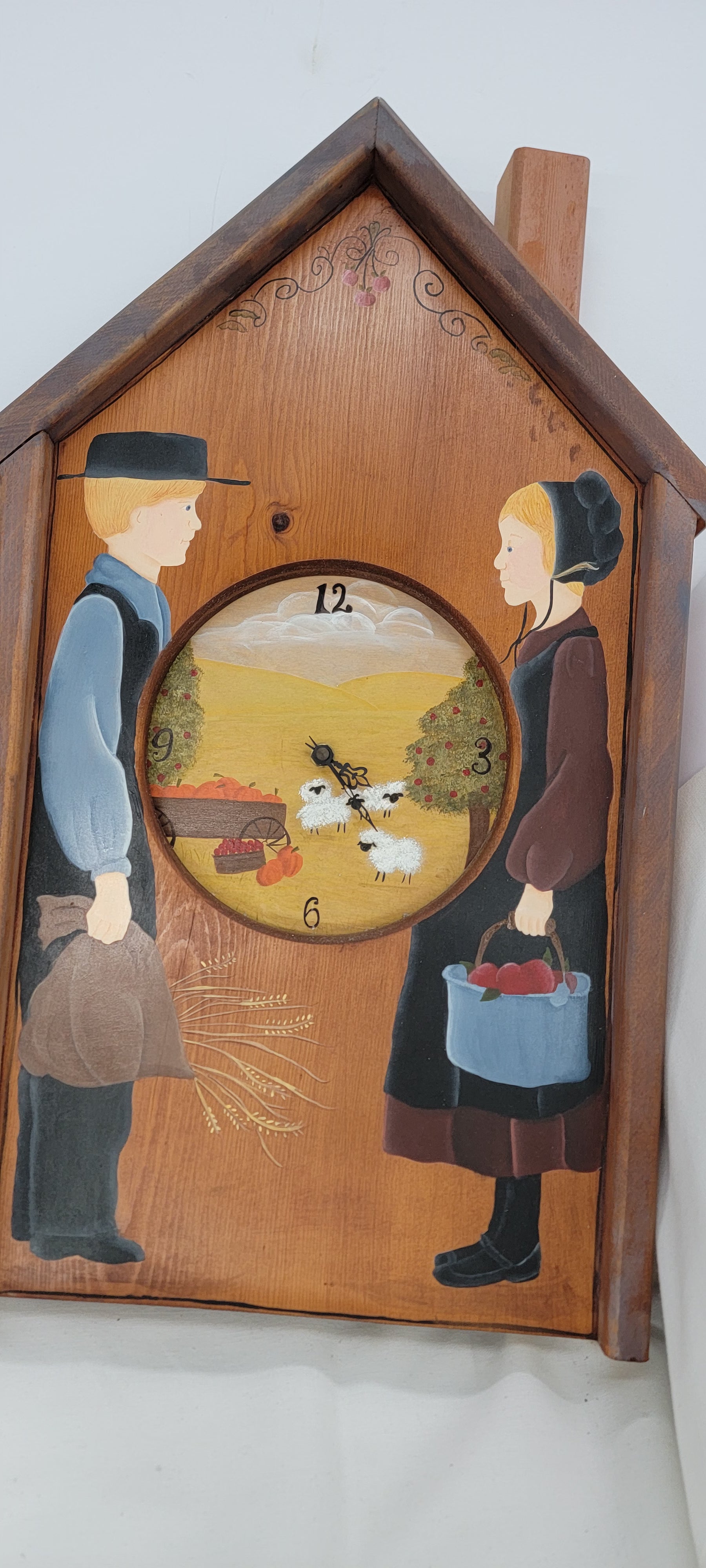 Handcrafted Wooden Clock with Amish Figures