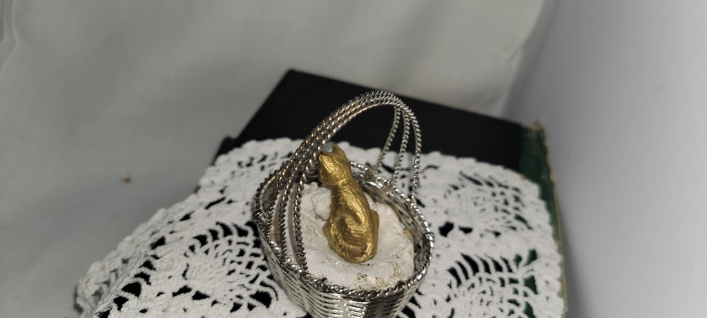 Miniature Gold Cat in Silver Basket