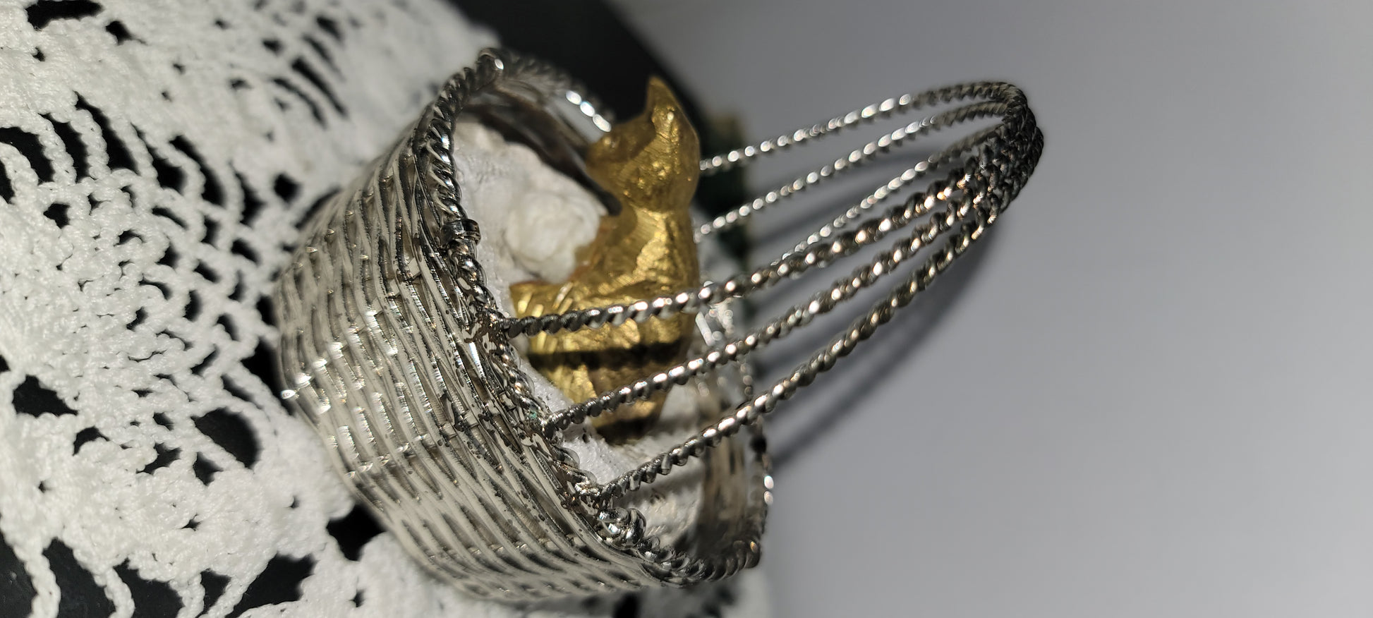 Miniature Gold Cat in Silver Basket