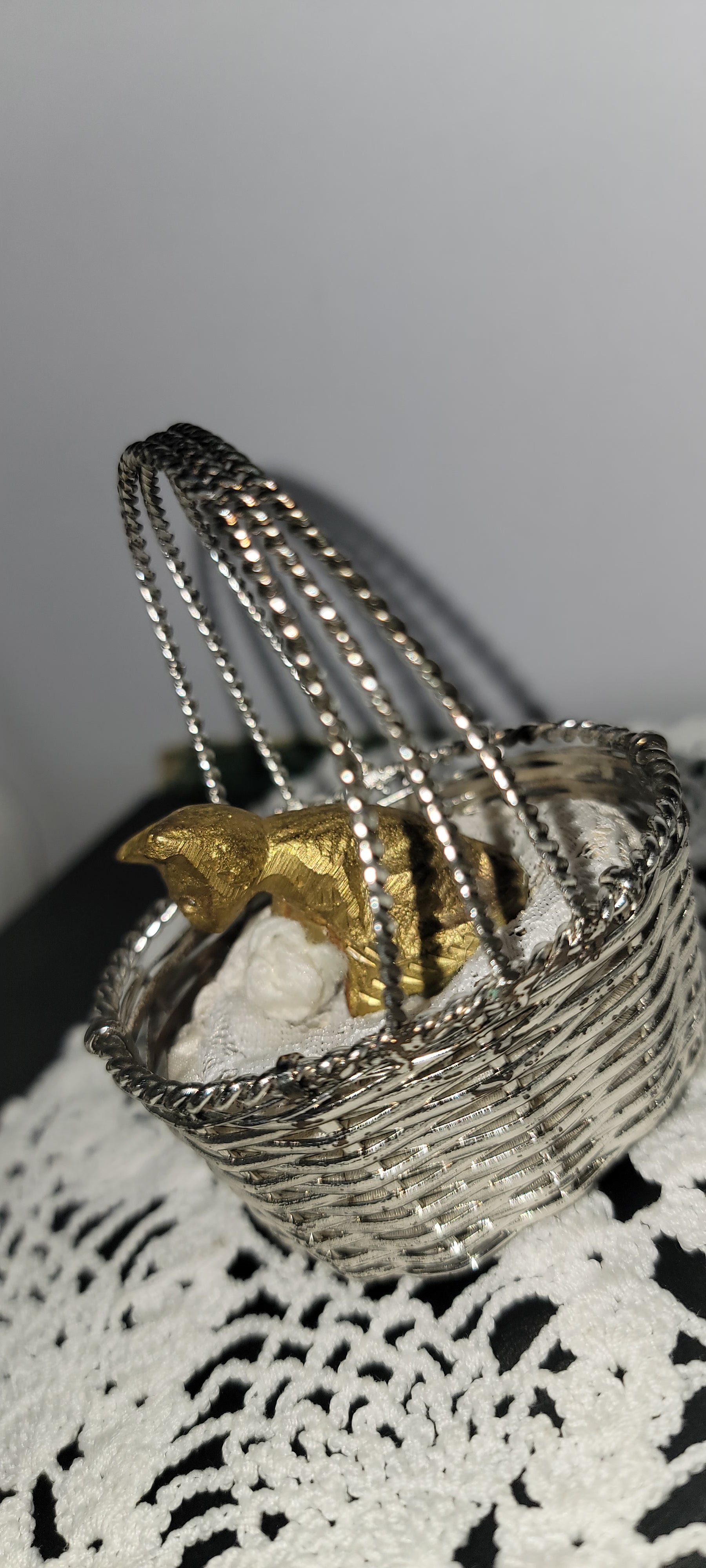 Miniature Gold Cat in Silver Basket