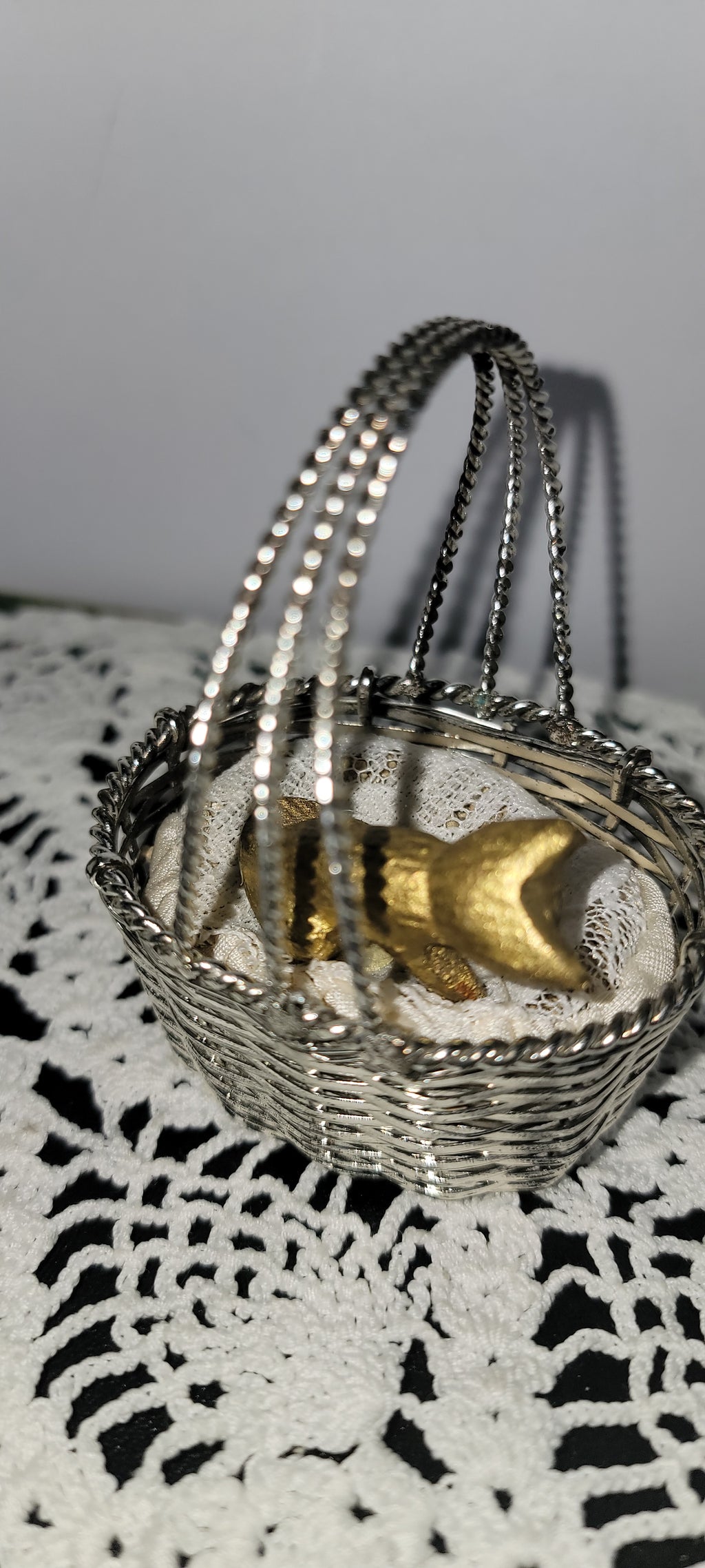 Miniature Gold Cat in Silver Basket