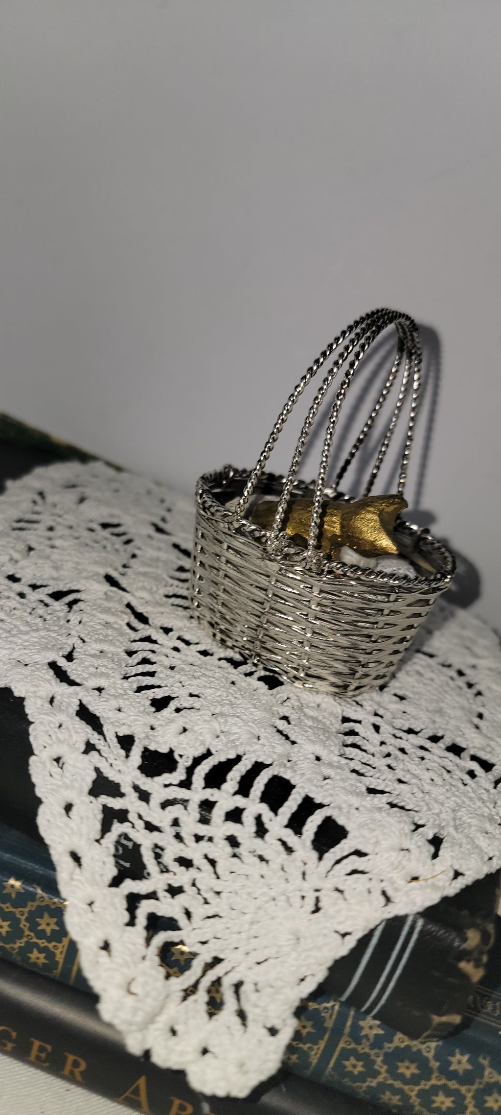 Miniature Gold Cat in Silver Basket