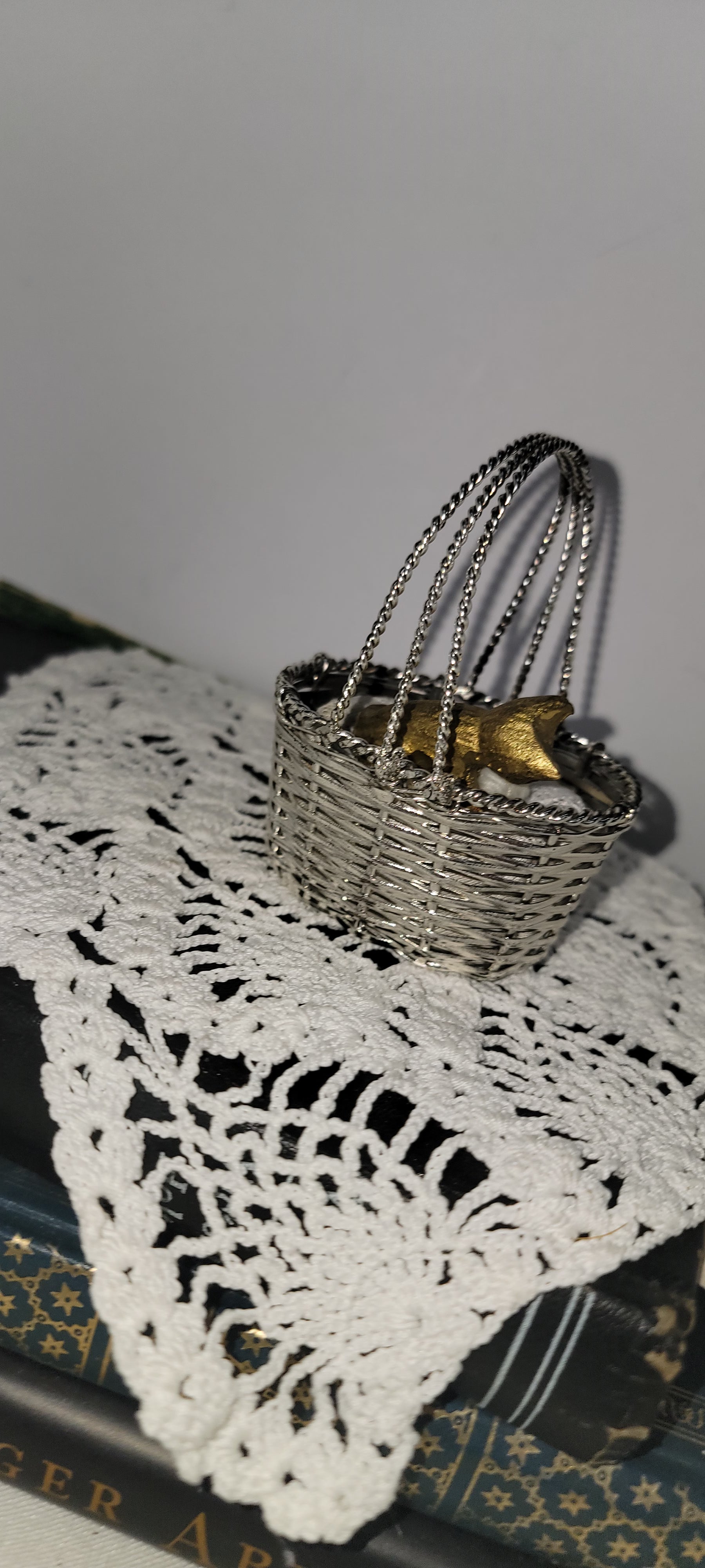 Miniature Gold Cat in Silver Basket