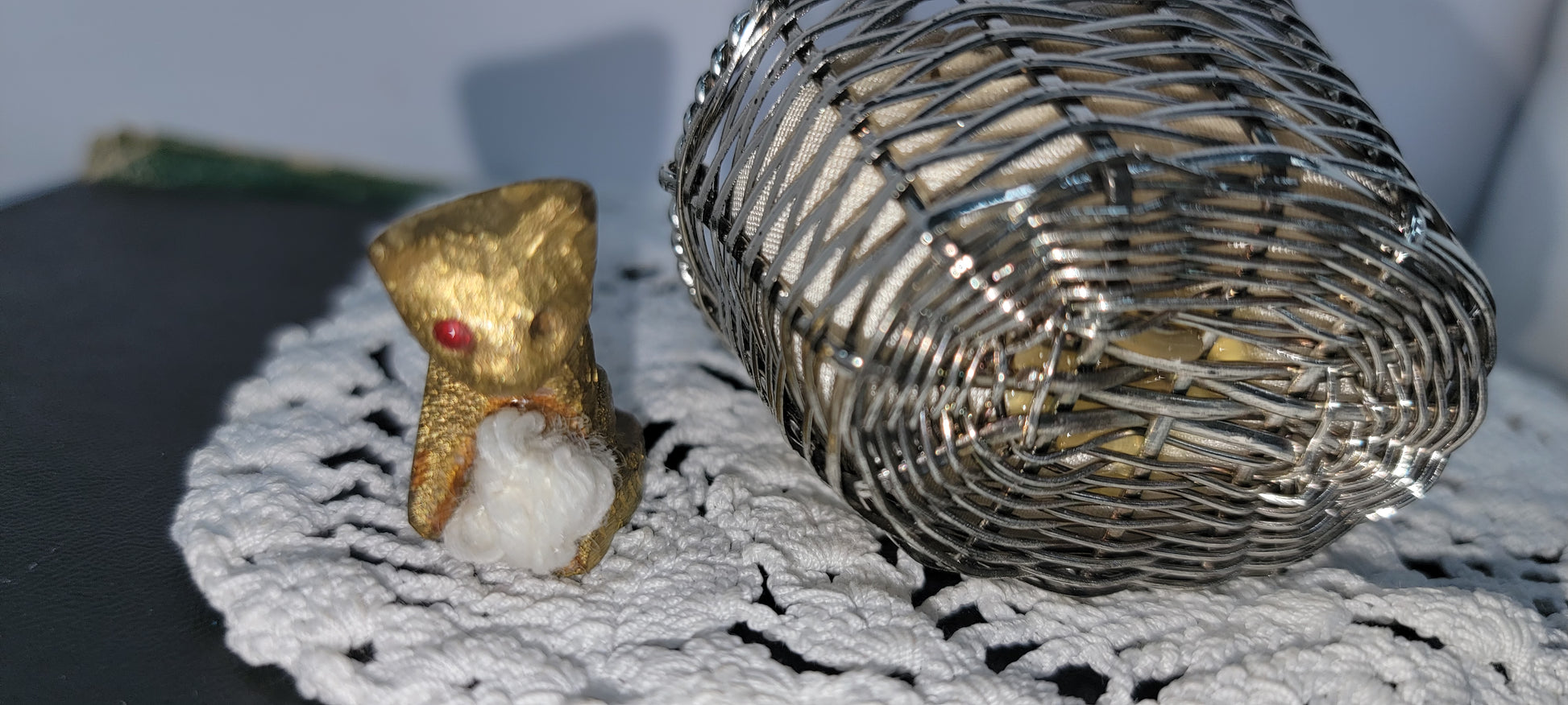 Miniature Gold Cat in Silver Basket