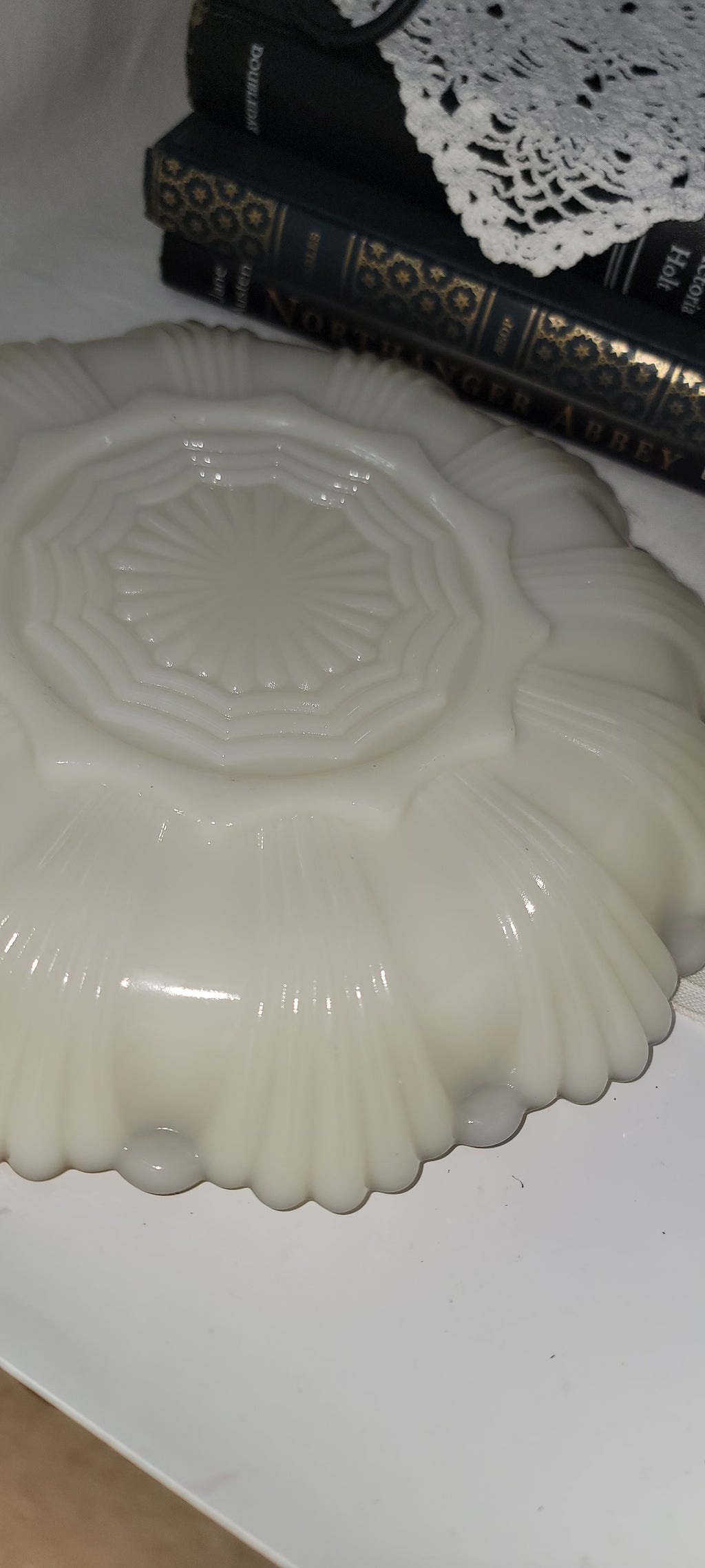 Vintage White Glass Serving Platter with Gold Trim