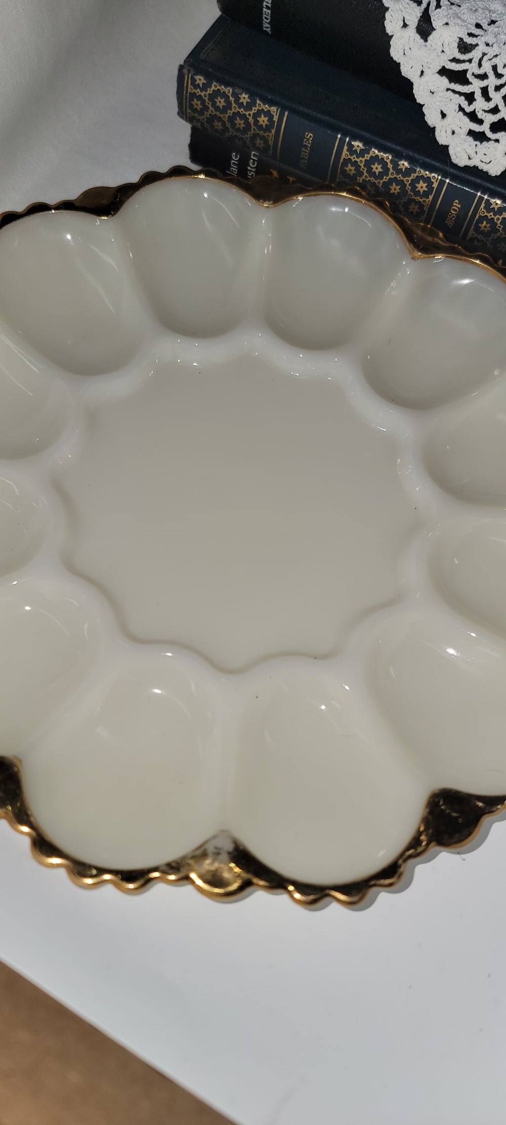 Vintage White Glass Serving Platter with Gold Trim