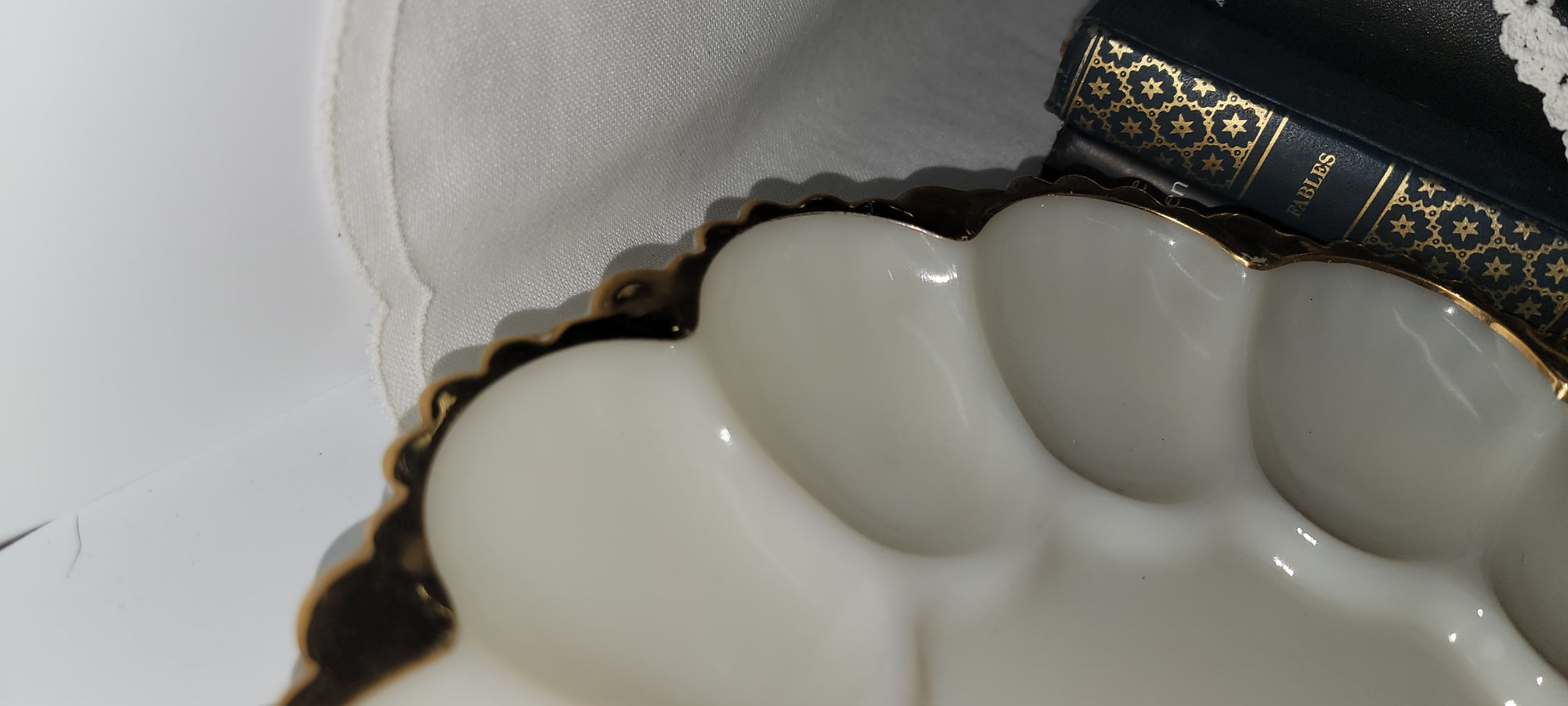 Vintage White Glass Serving Platter with Gold Trim