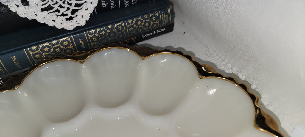 Vintage White Glass Serving Platter with Gold Trim