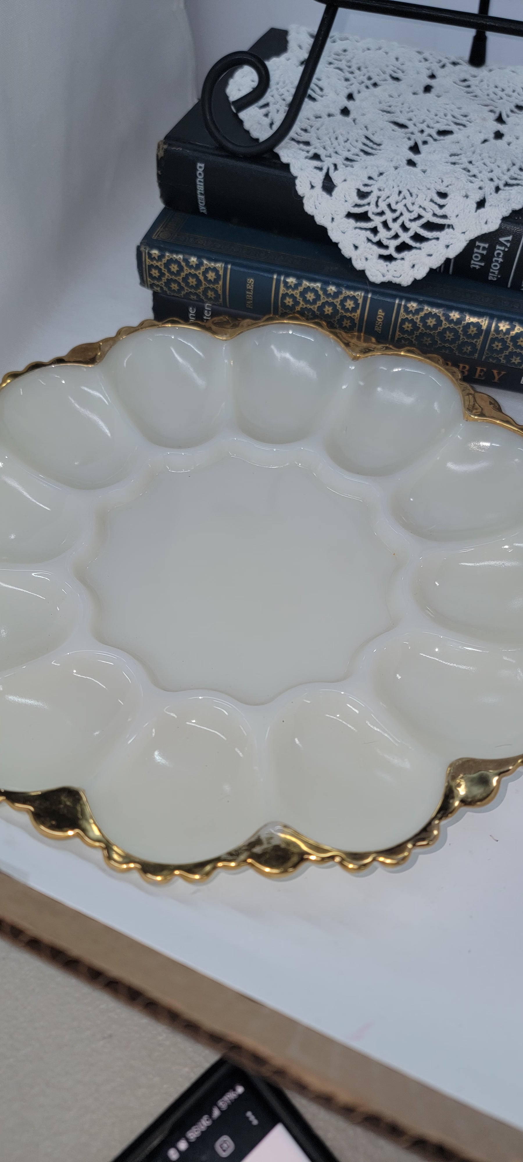 Vintage White Glass Serving Platter with Gold Trim