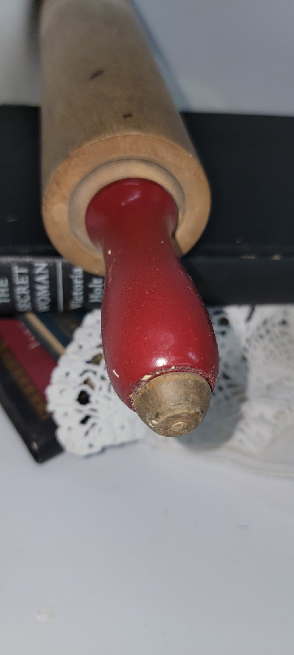 Classic Wooden Rolling Pin with Red Handles