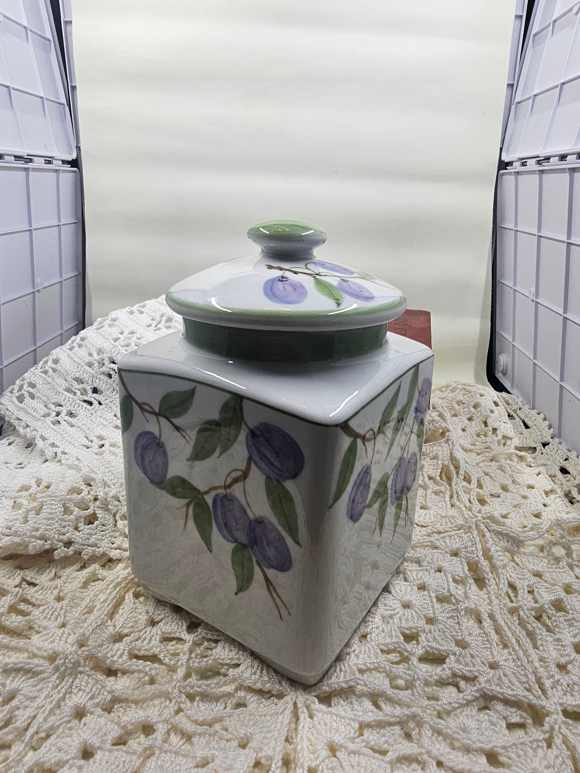 Ceramic Square Jar with Lid and Floral Design