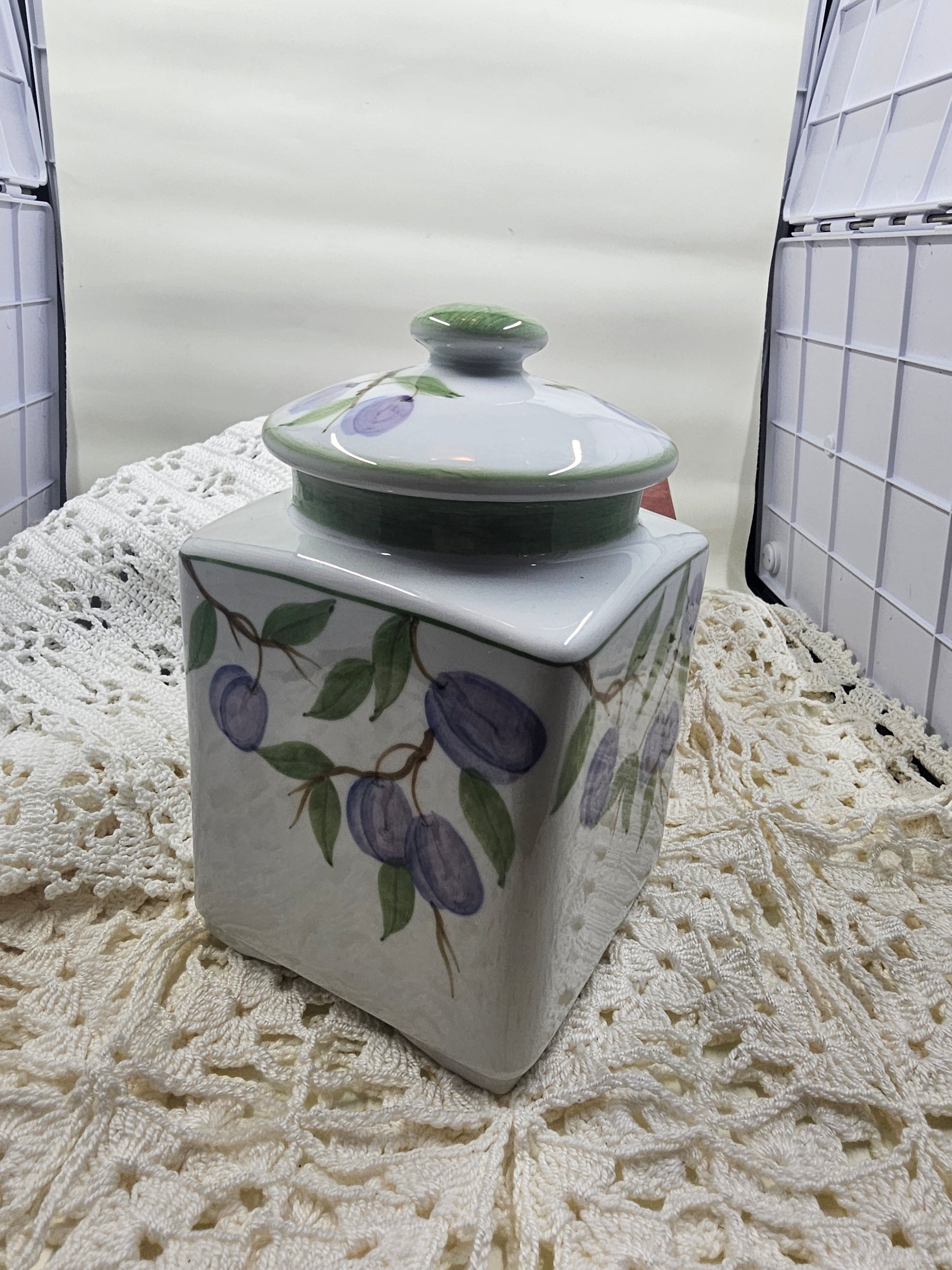 Ceramic Square Jar with Lid and Floral Design