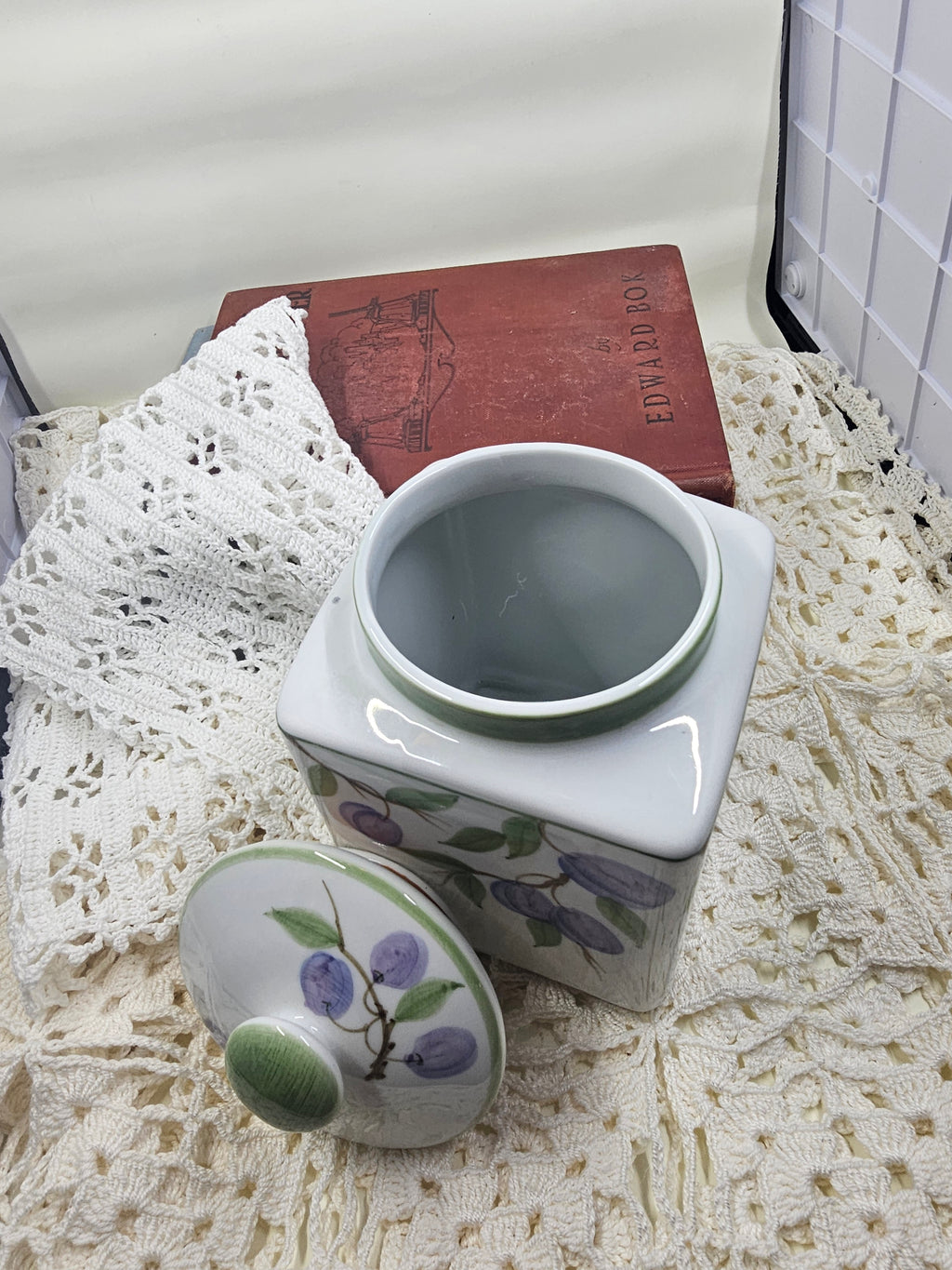 Ceramic Square Jar with Lid and Floral Design
