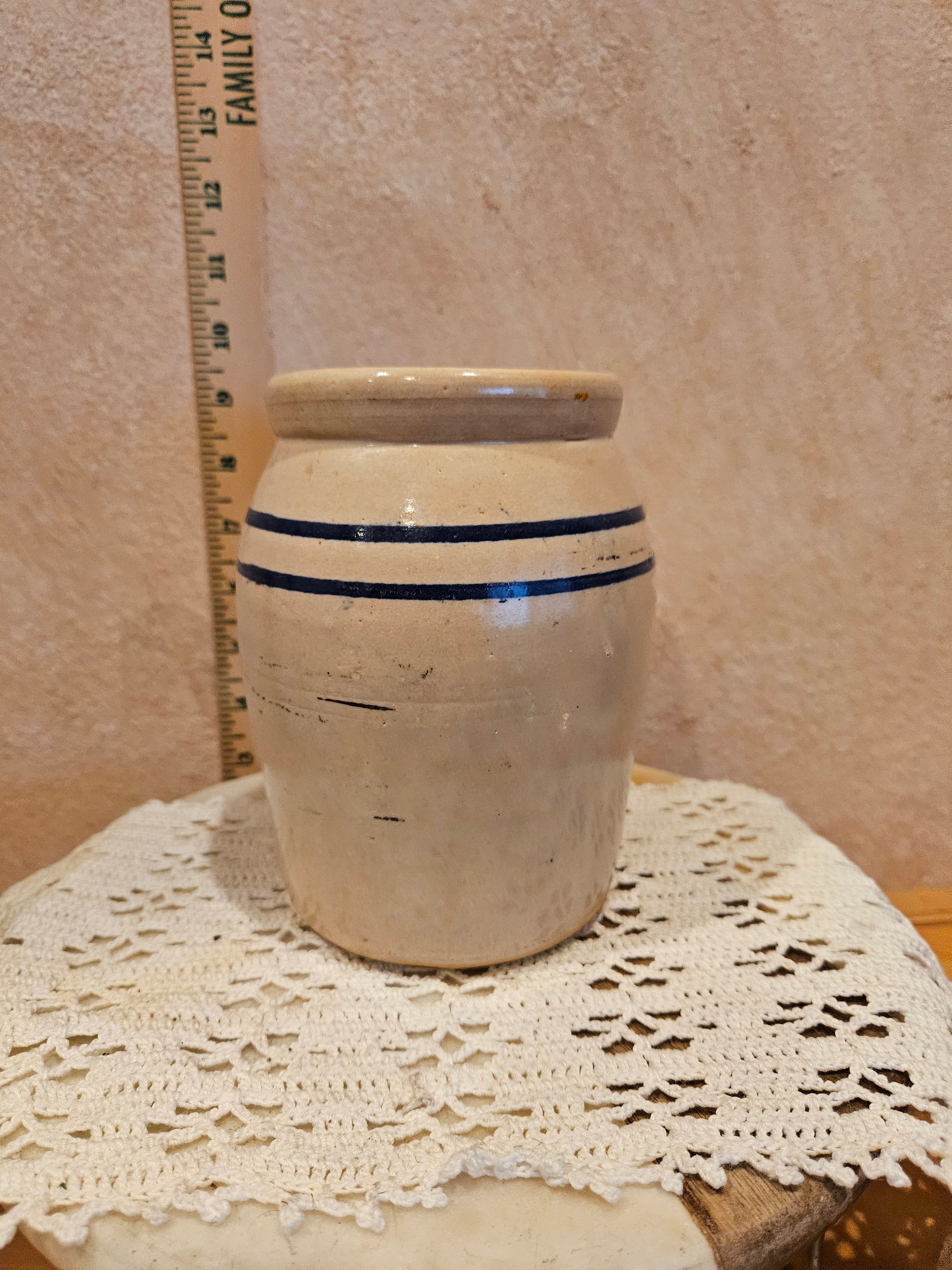 Vintage Stoneware Crock with Blue Stripe