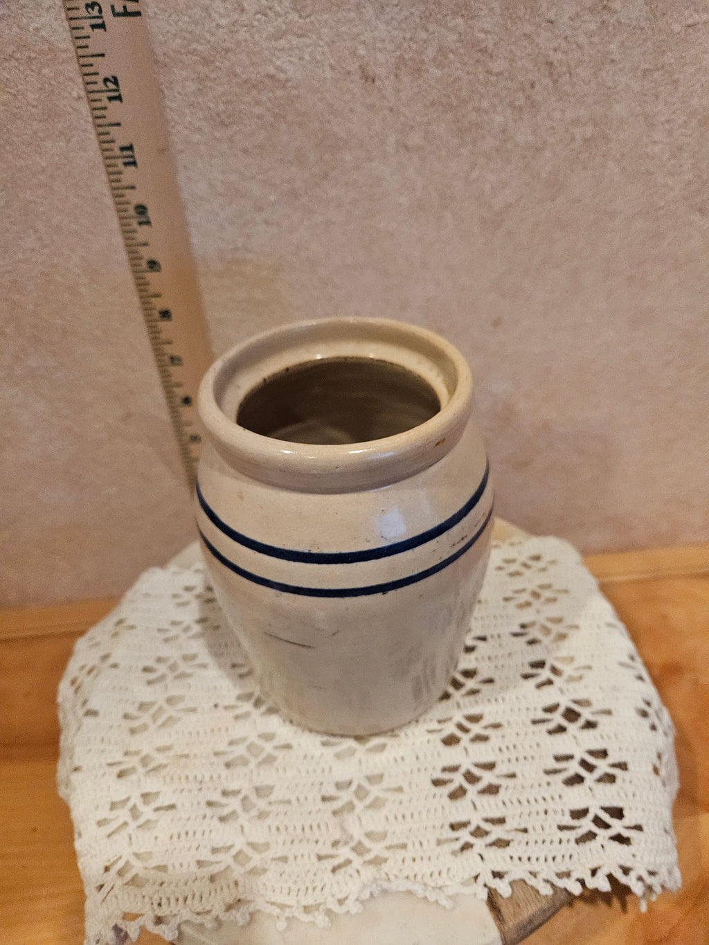 Vintage Stoneware Crock with Blue Stripe