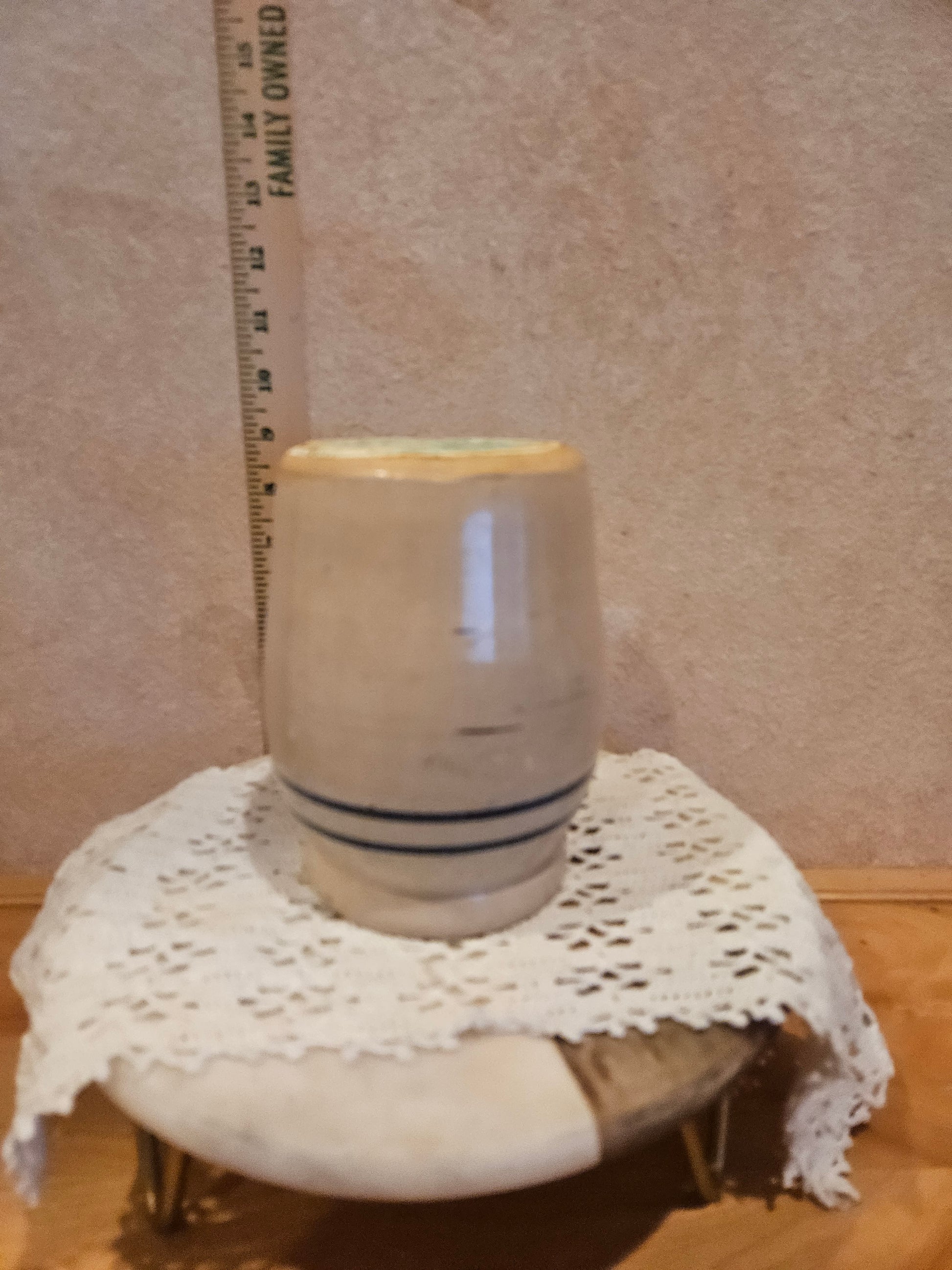 Vintage Stoneware Crock with Blue Stripe