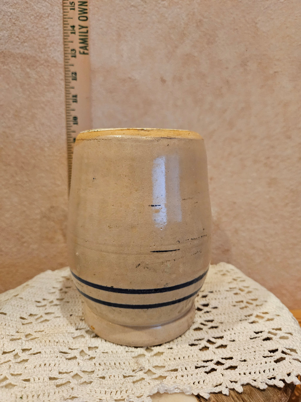 Vintage Stoneware Crock with Blue Stripe