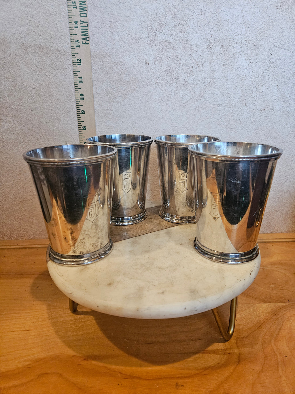 Set of 4 Silver Plated Cups on Marble Base