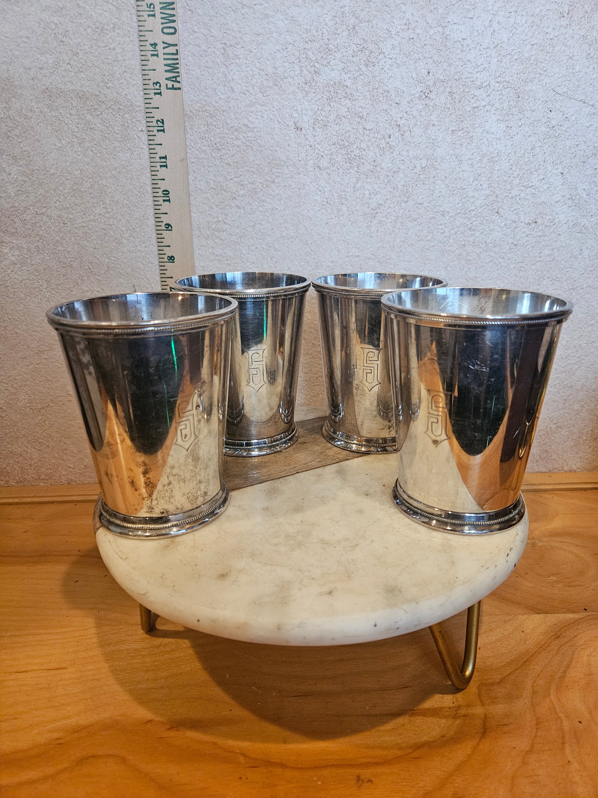 Set of 4 Silver Plated Cups on Marble Base