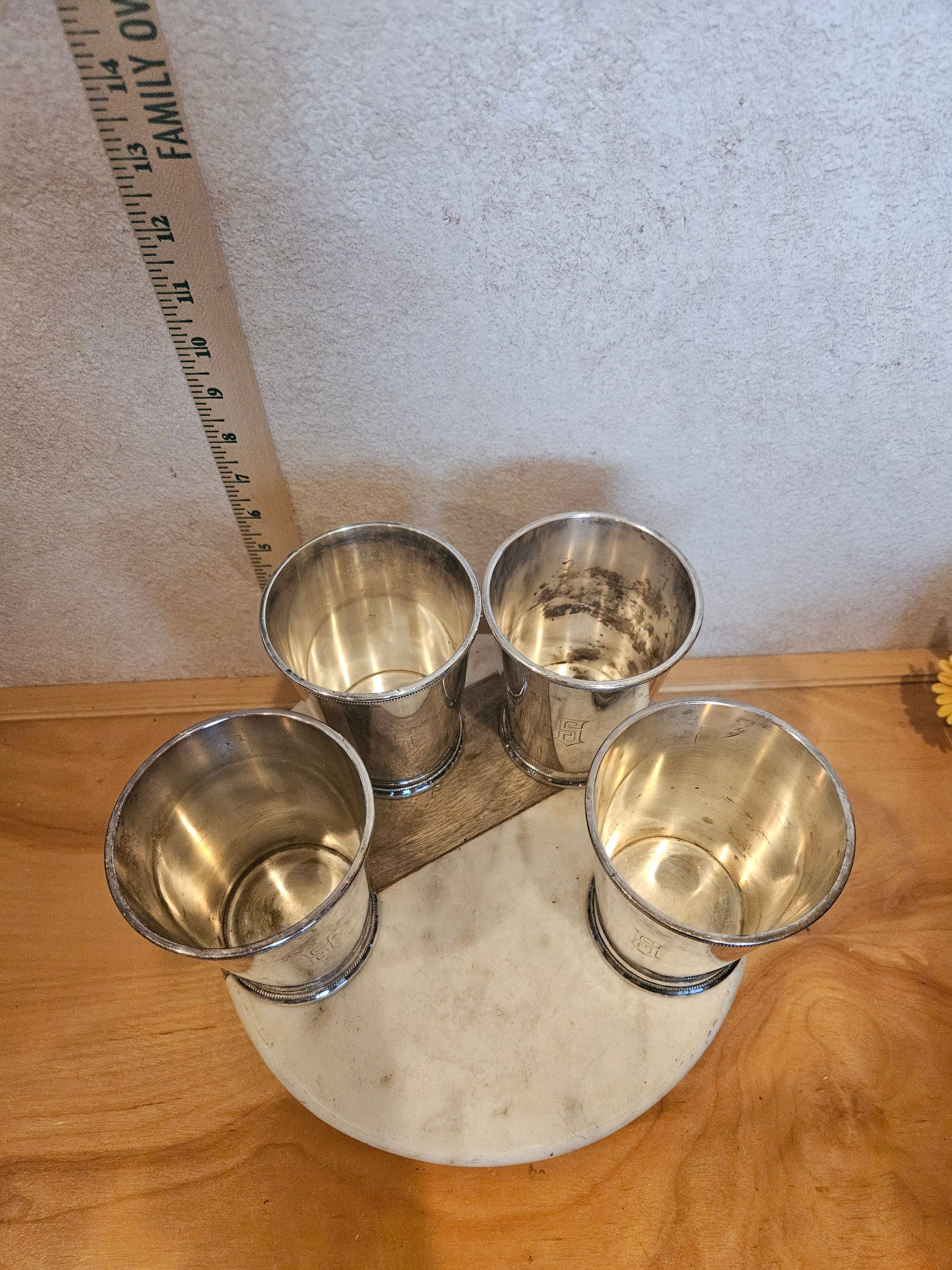 Set of 4 Silver Plated Cups on Marble Base