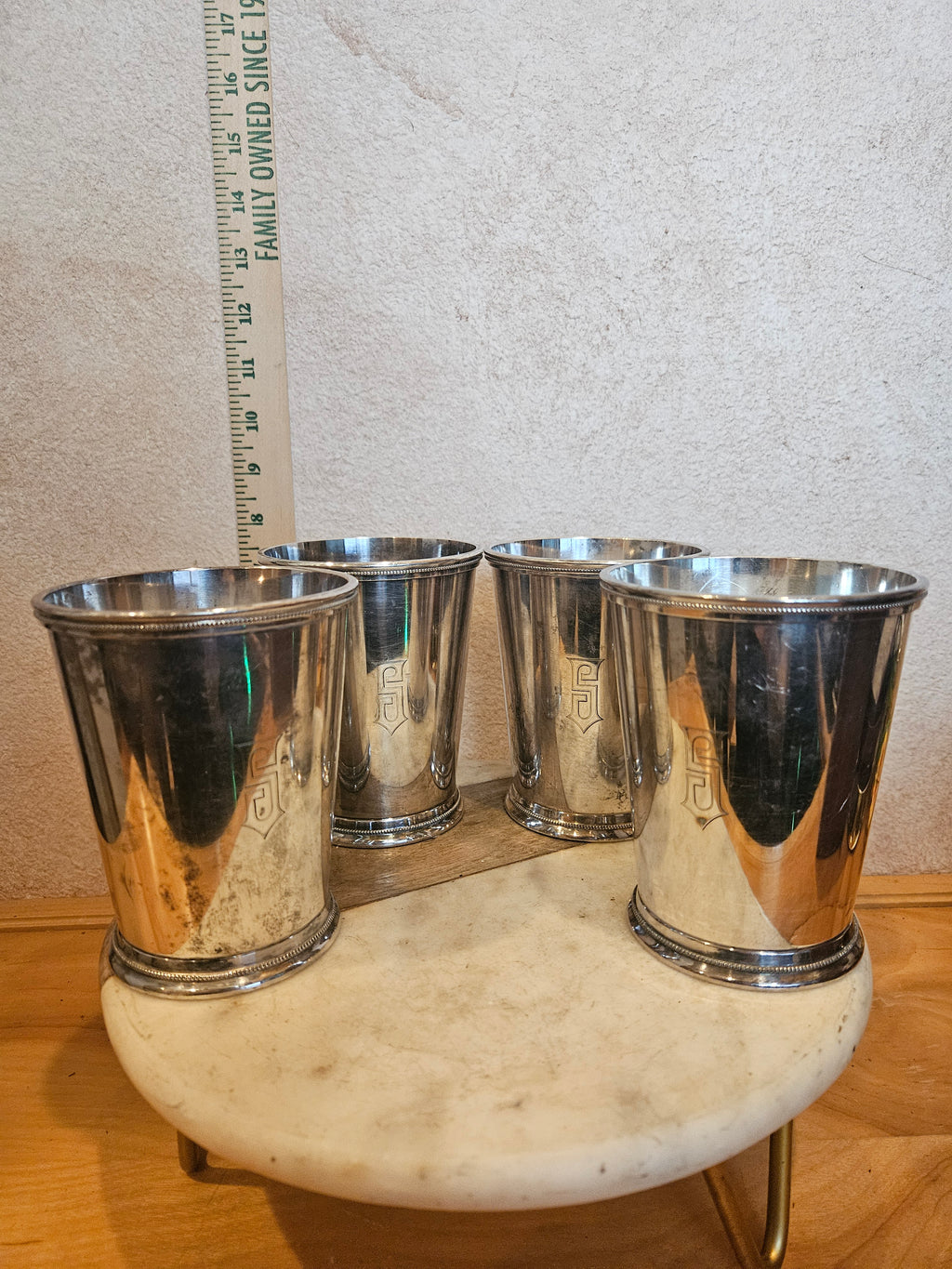 Set of 4 Silver Plated Cups on Marble Base