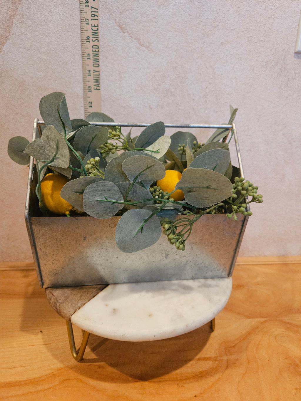 Artificial Lemon and Eucalyptus Arrangement in Metal Container