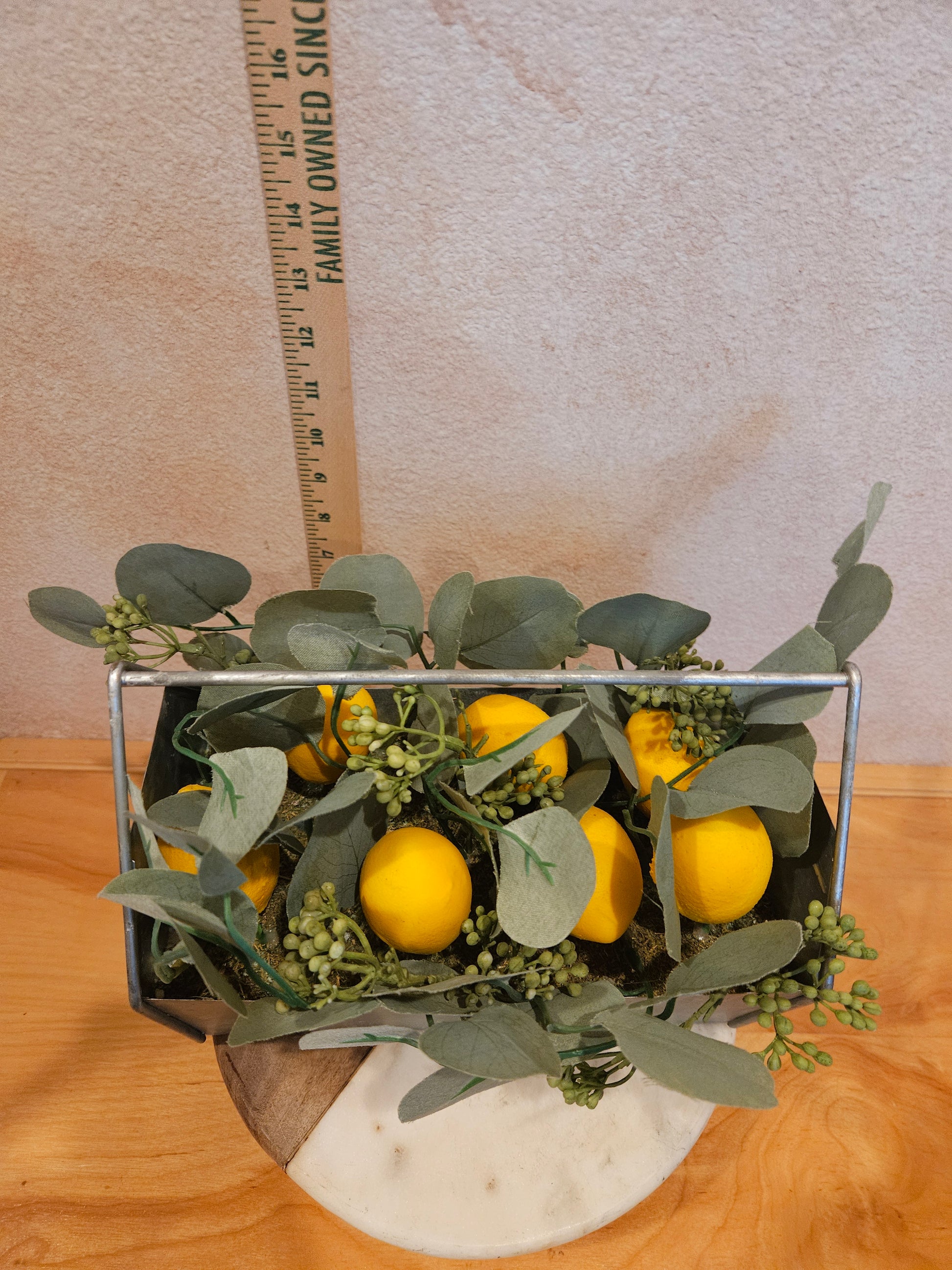 Artificial Lemon and Eucalyptus Arrangement in Metal Container