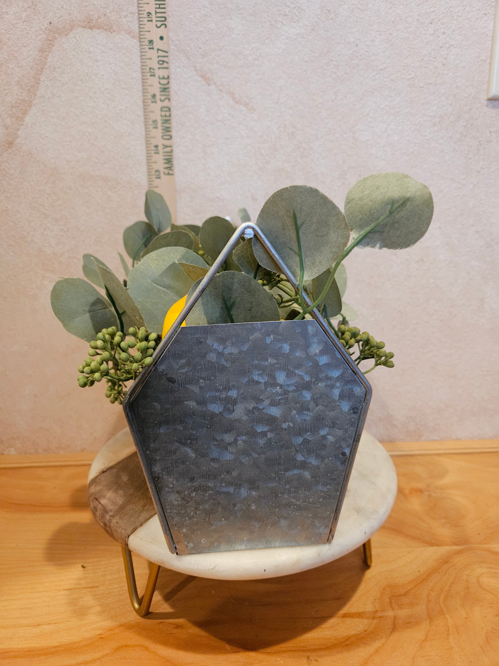 Artificial Lemon and Eucalyptus Arrangement in Metal Container