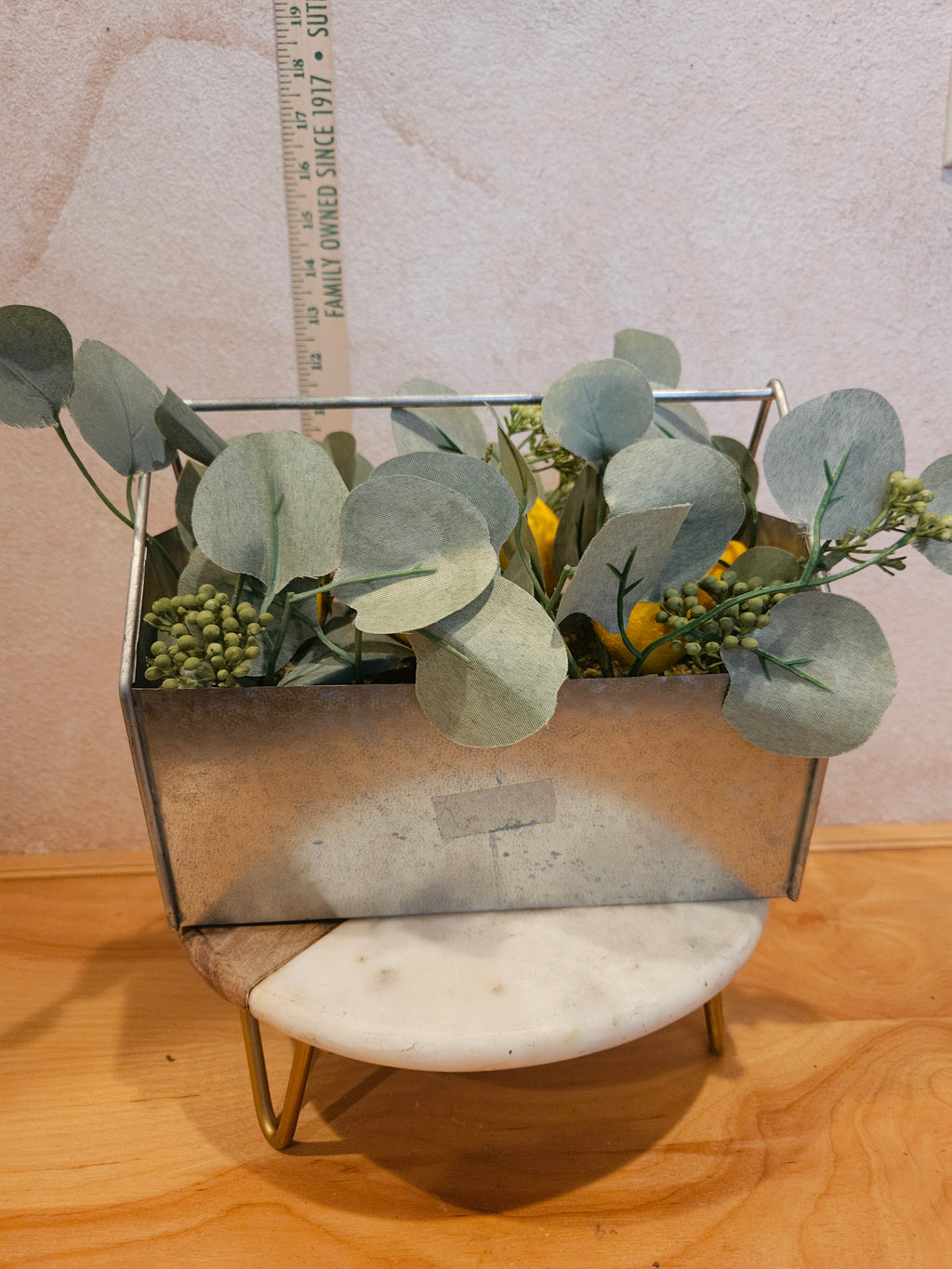 Artificial Lemon and Eucalyptus Arrangement in Metal Container
