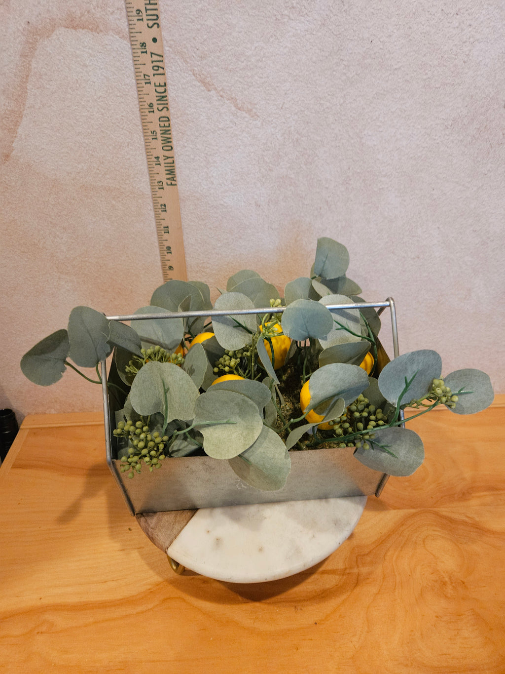 Artificial Lemon and Eucalyptus Arrangement in Metal Container