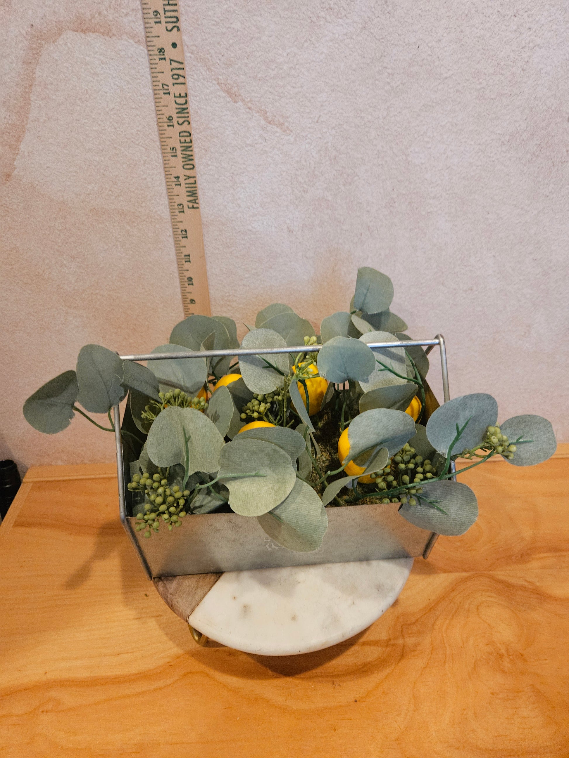 Artificial Lemon and Eucalyptus Arrangement in Metal Container