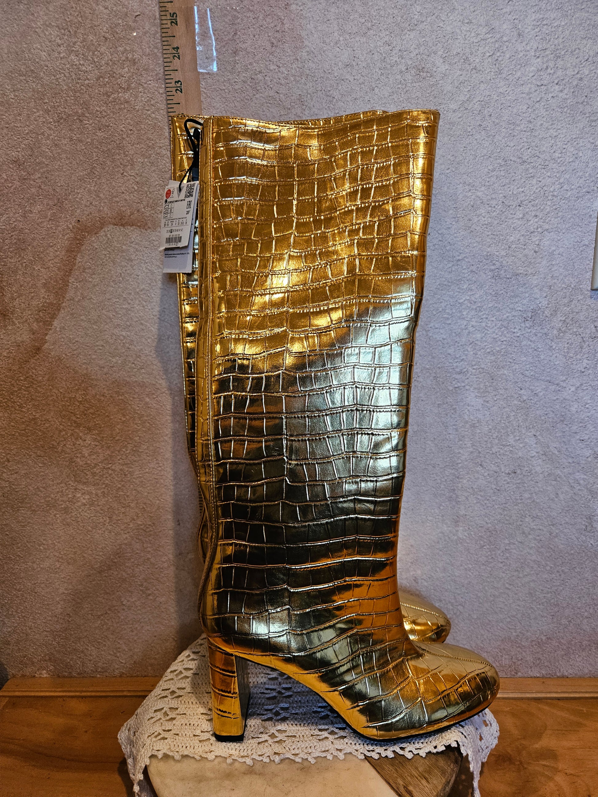 Zara Gold Metallic Knee-High Heeled Boots