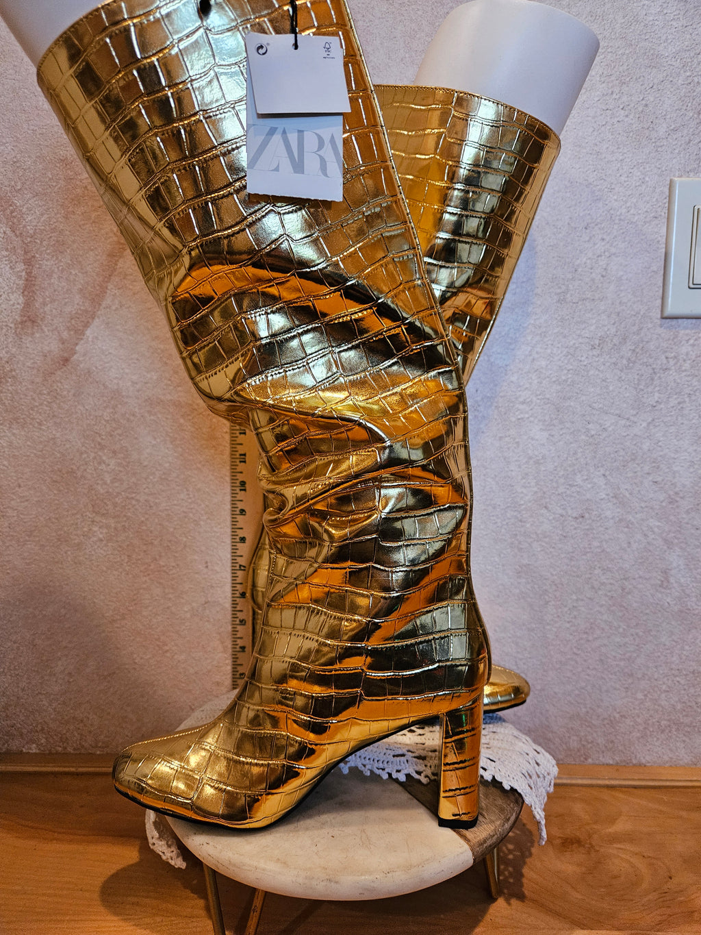 Zara Gold Metallic Knee-High Heeled Boots