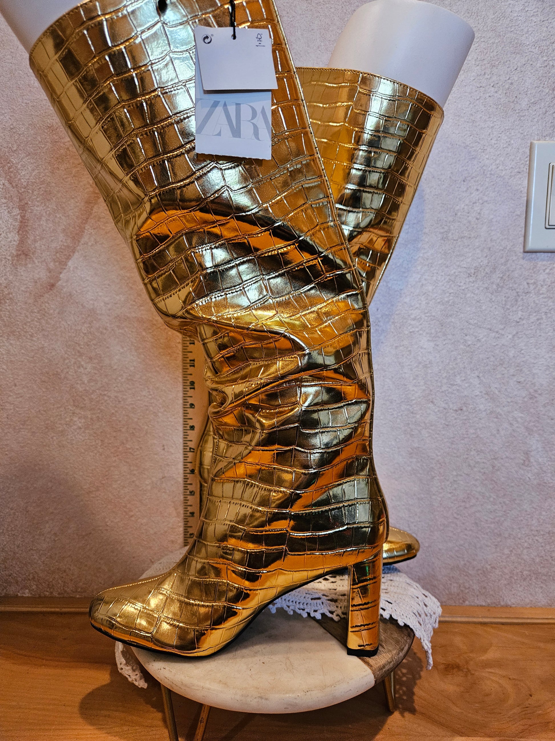 Zara Gold Metallic Knee-High Heeled Boots