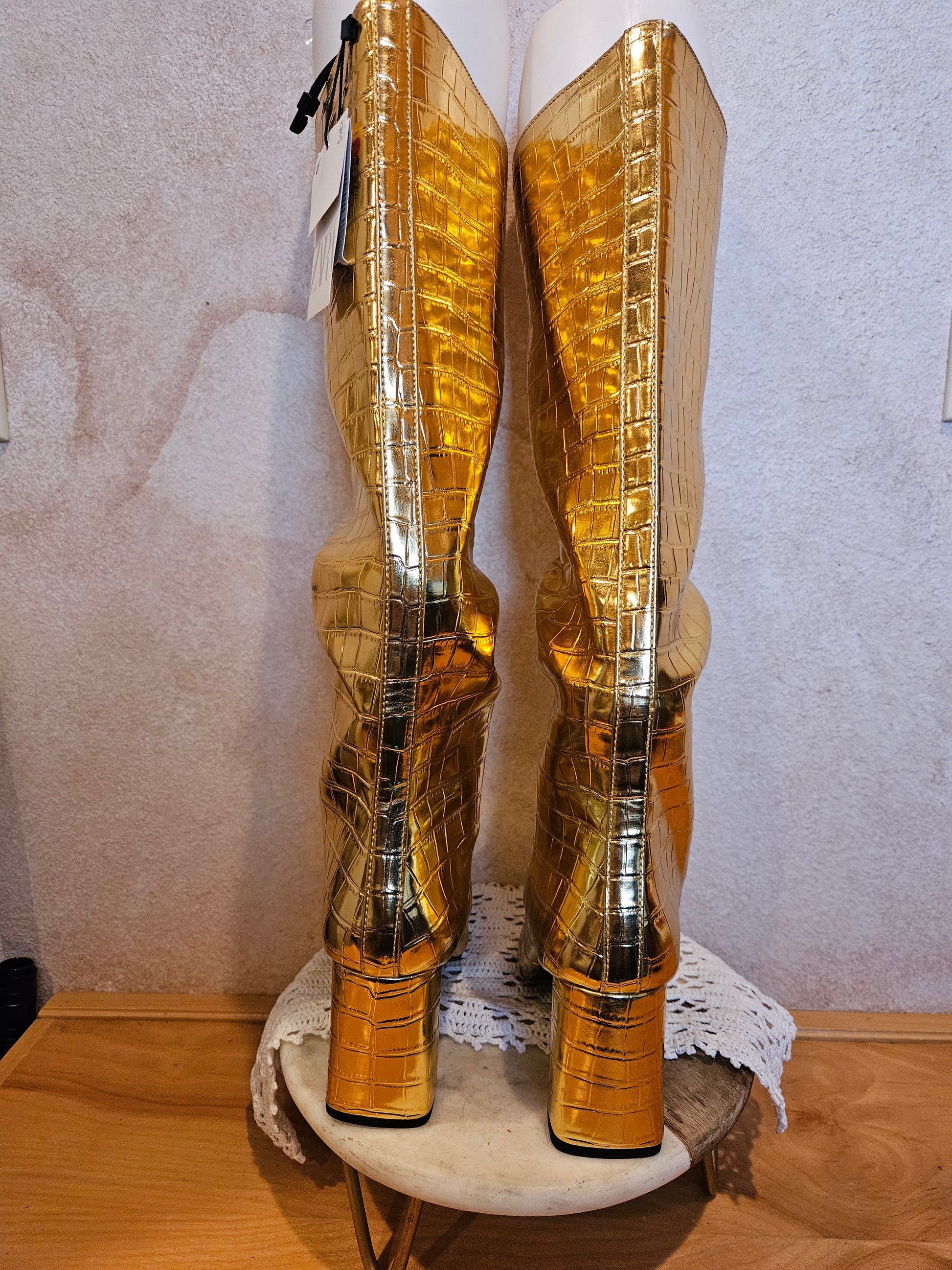 Zara Gold Metallic Knee-High Heeled Boots