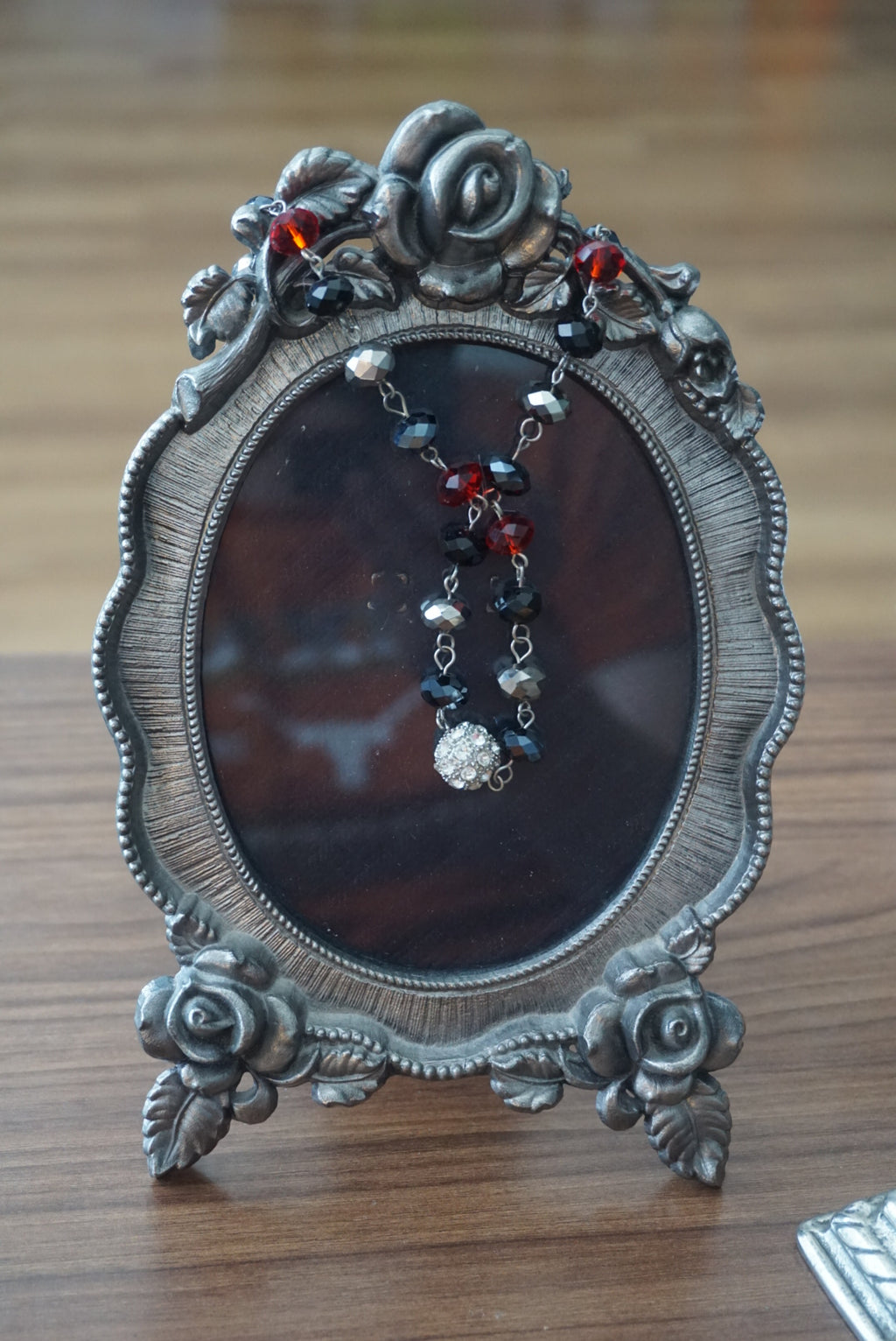 Beaded Necklace with Red, Black, and Silver Accents