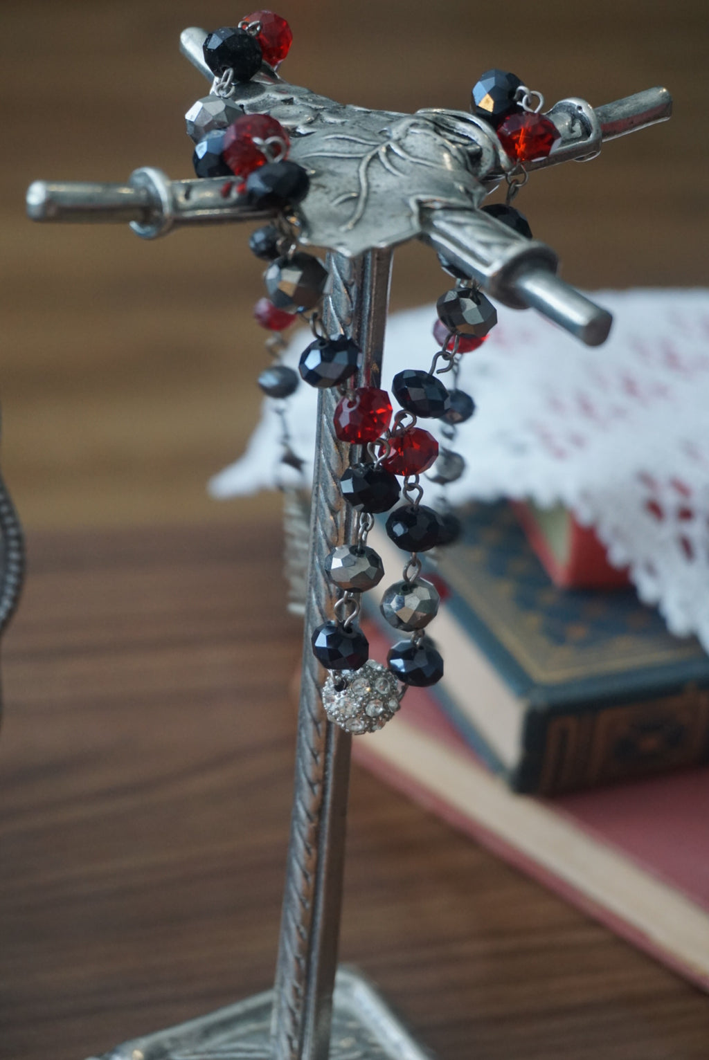 Beaded Necklace with Red, Black, and Silver Accents