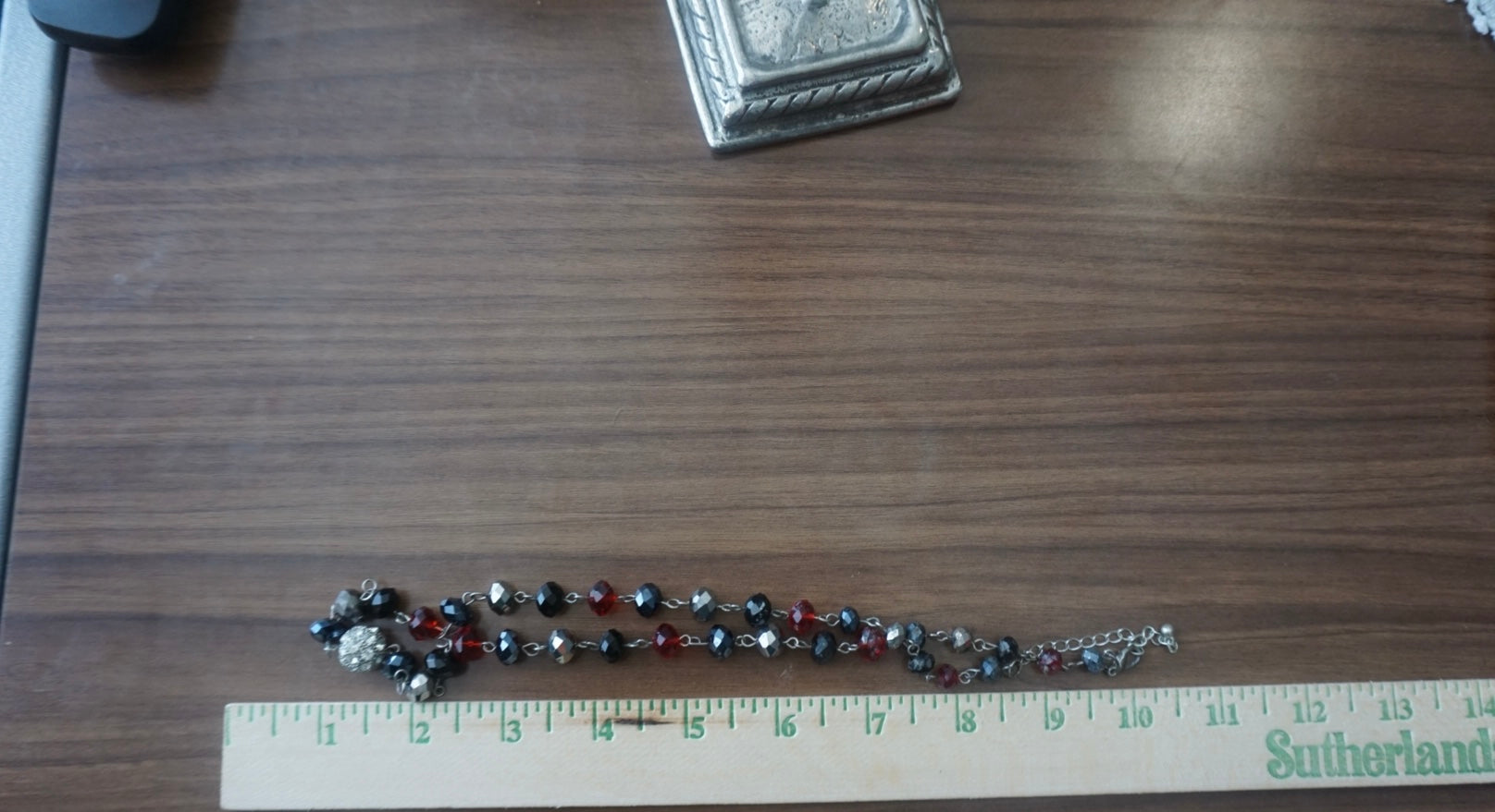 Beaded Necklace with Red, Black, and Silver Accents