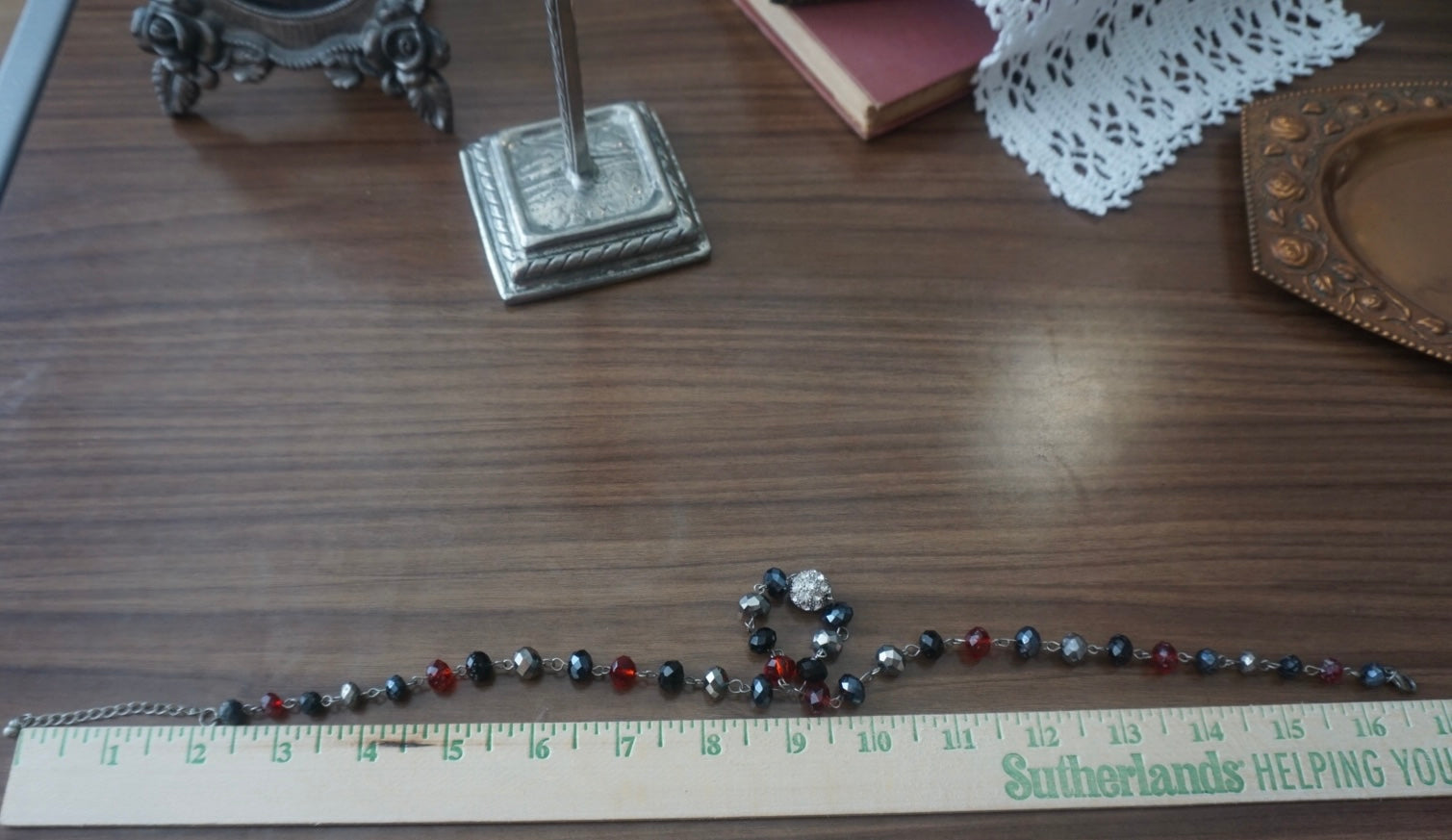 Beaded Necklace with Red, Black, and Silver Accents